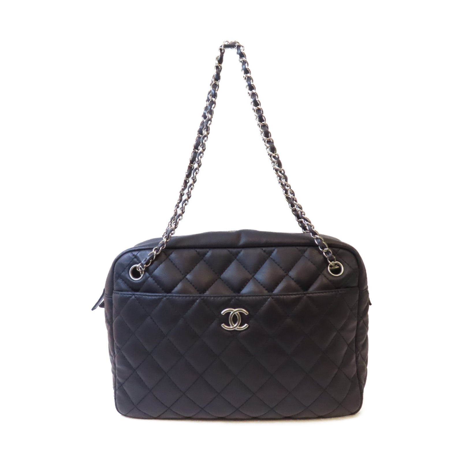 CHANEL 菱格牛皮皮革Shoulder Bag銀扣肩背袋深藍色