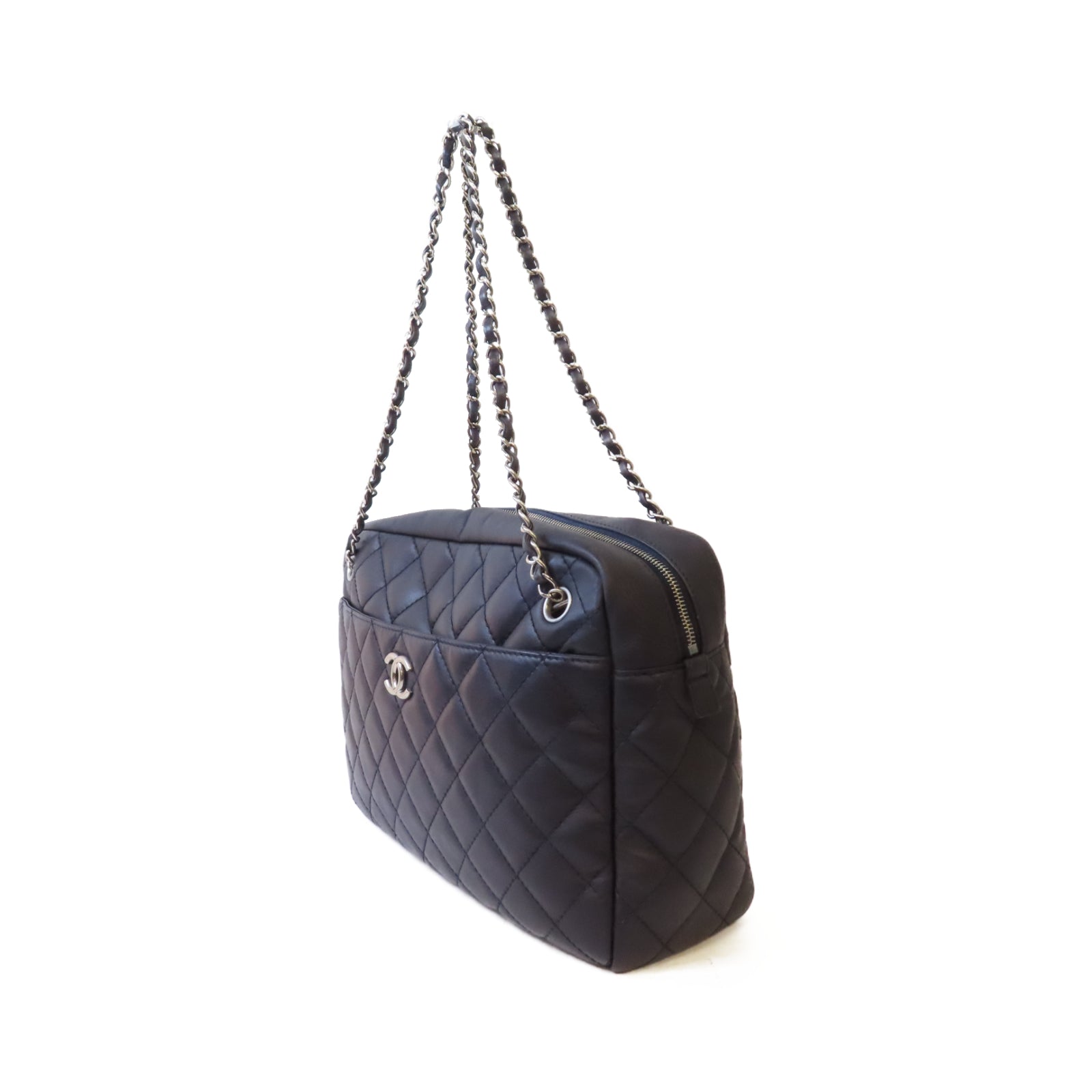 CHANEL 菱格牛皮皮革Shoulder Bag銀扣肩背袋深藍色