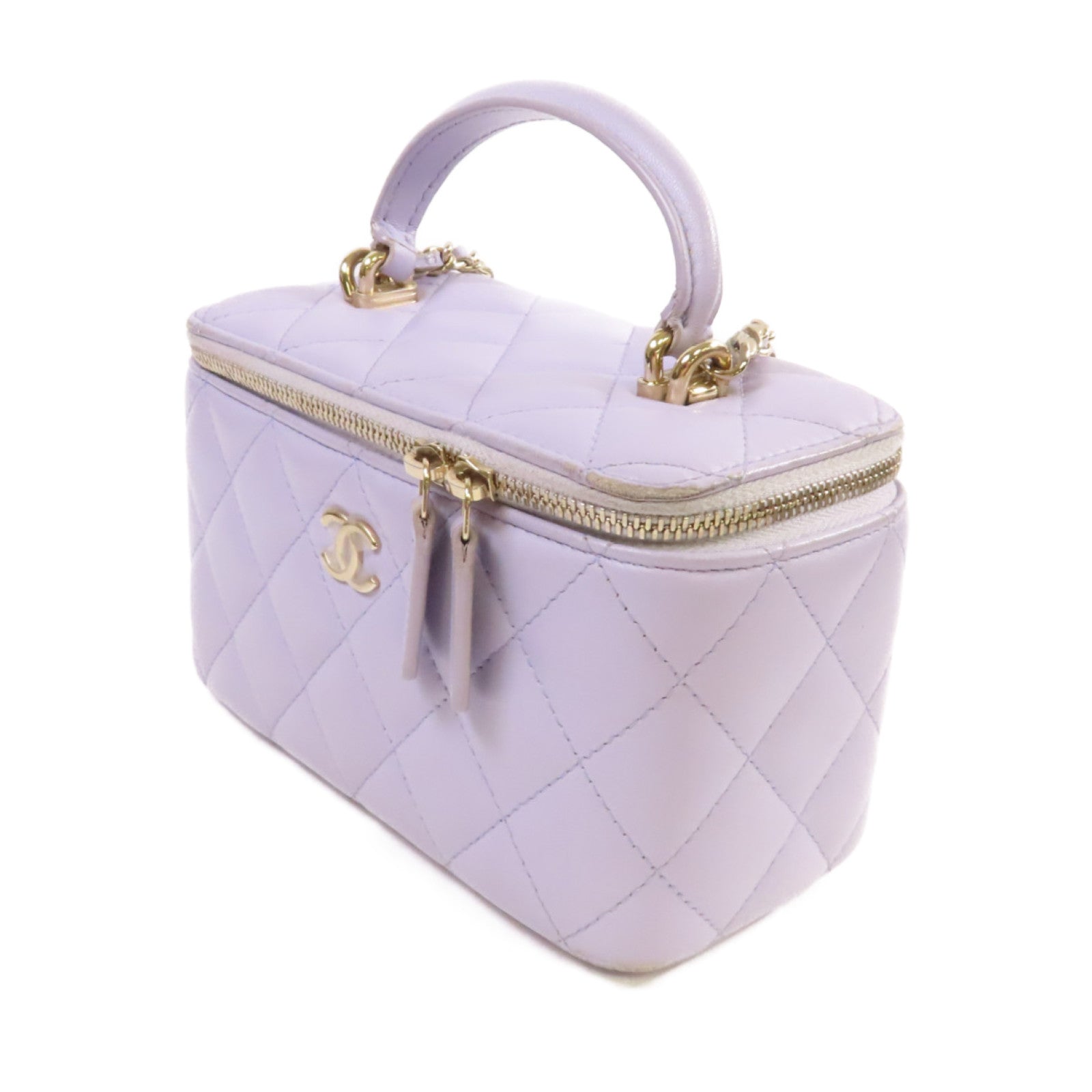CHANEL 菱格羊皮皮革Vanity Case Shoulder Bag金扣鏈帶手挽肩背兩用袋紫色