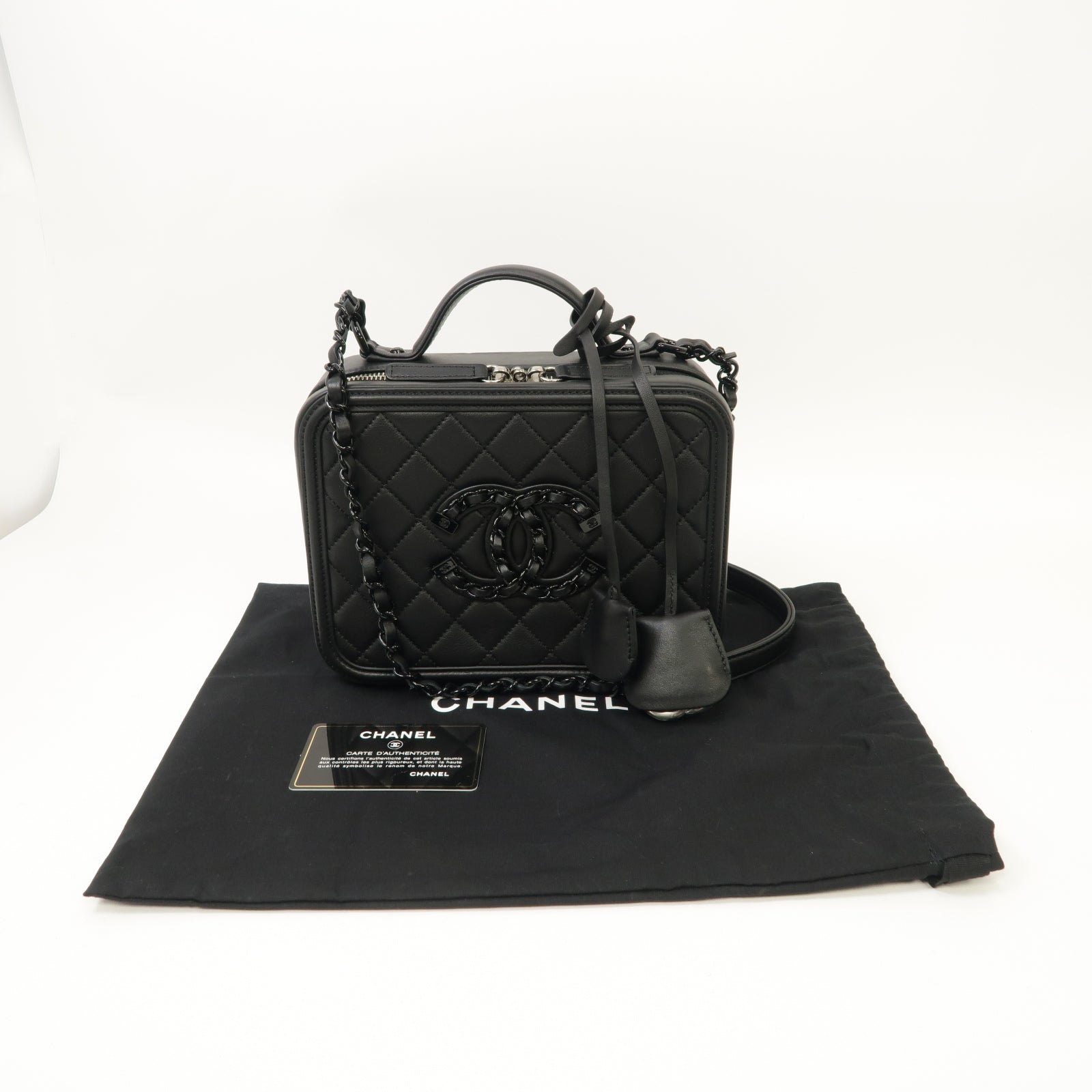 CHANEL 菱格羊皮皮革Vanity Case銀扣手挽肩背兩用袋黒色