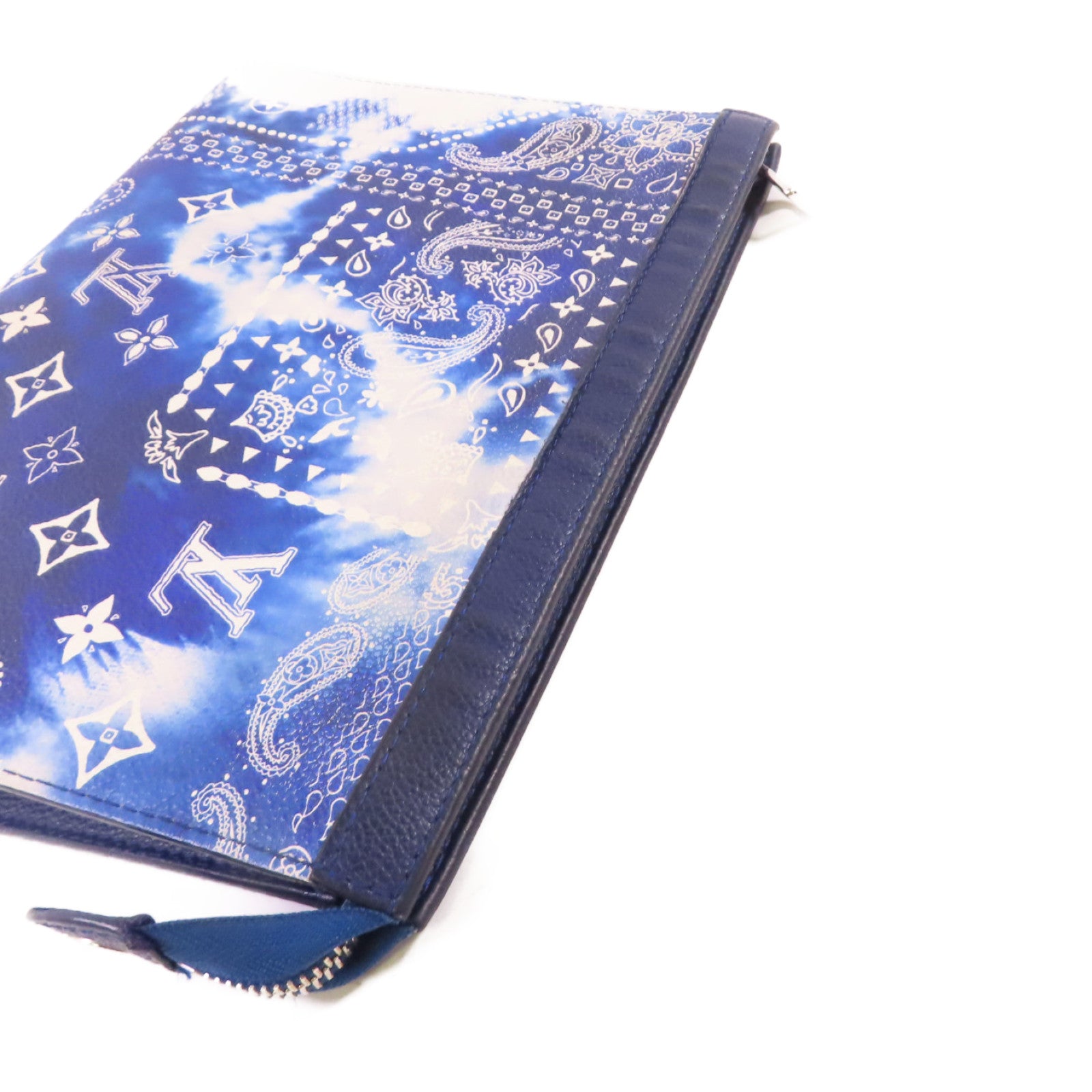 LOUIS VUITTON Monogram-on-bandana Pochette Voyage MM Pouch銀扣手拿包藍色