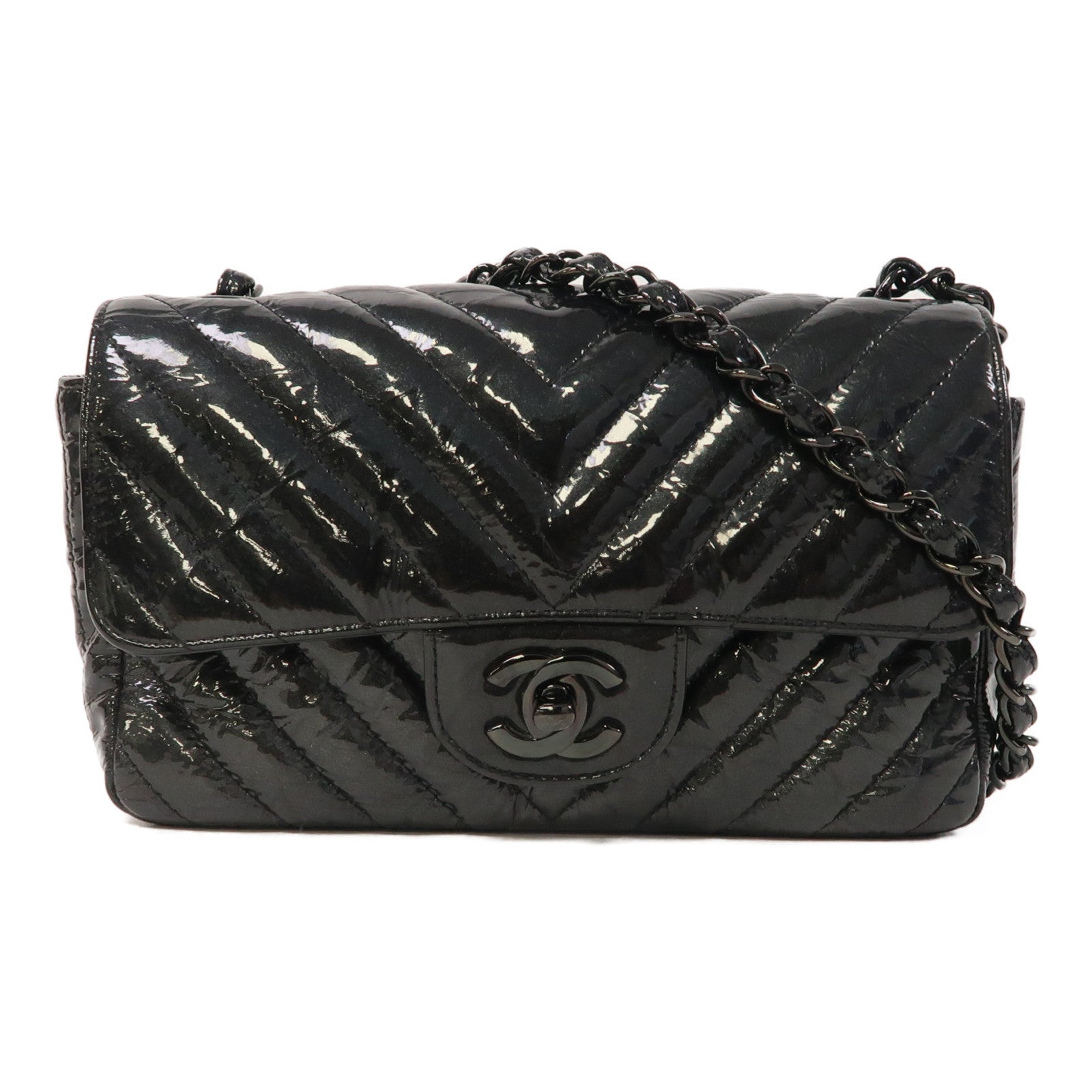 CHANEL 斜紋漆皮皮革Classic Flap 20銀扣鏈帶肩背袋黑色