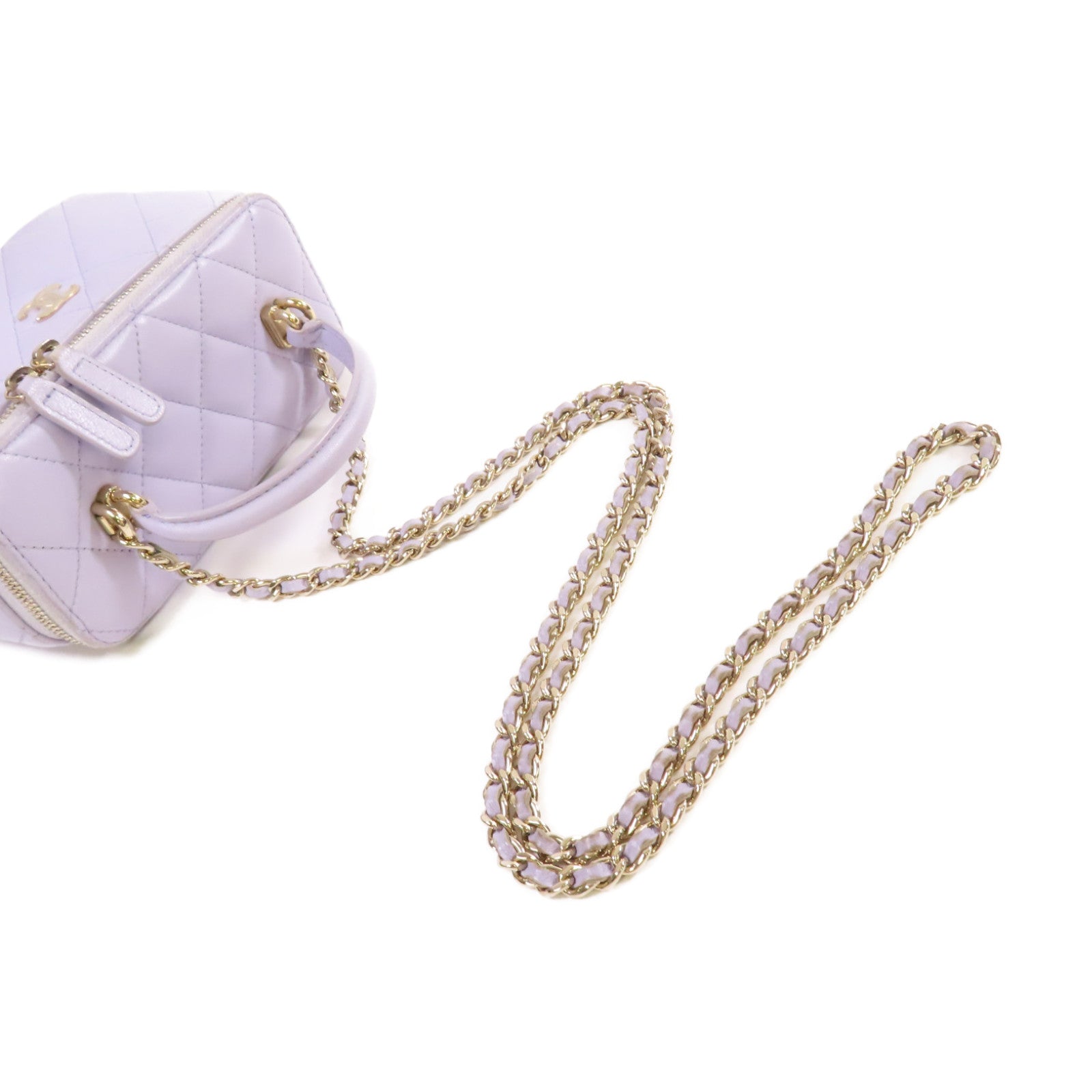 CHANEL 菱格羊皮皮革Vanity Case Shoulder Bag金扣鏈帶手挽肩背兩用袋紫色