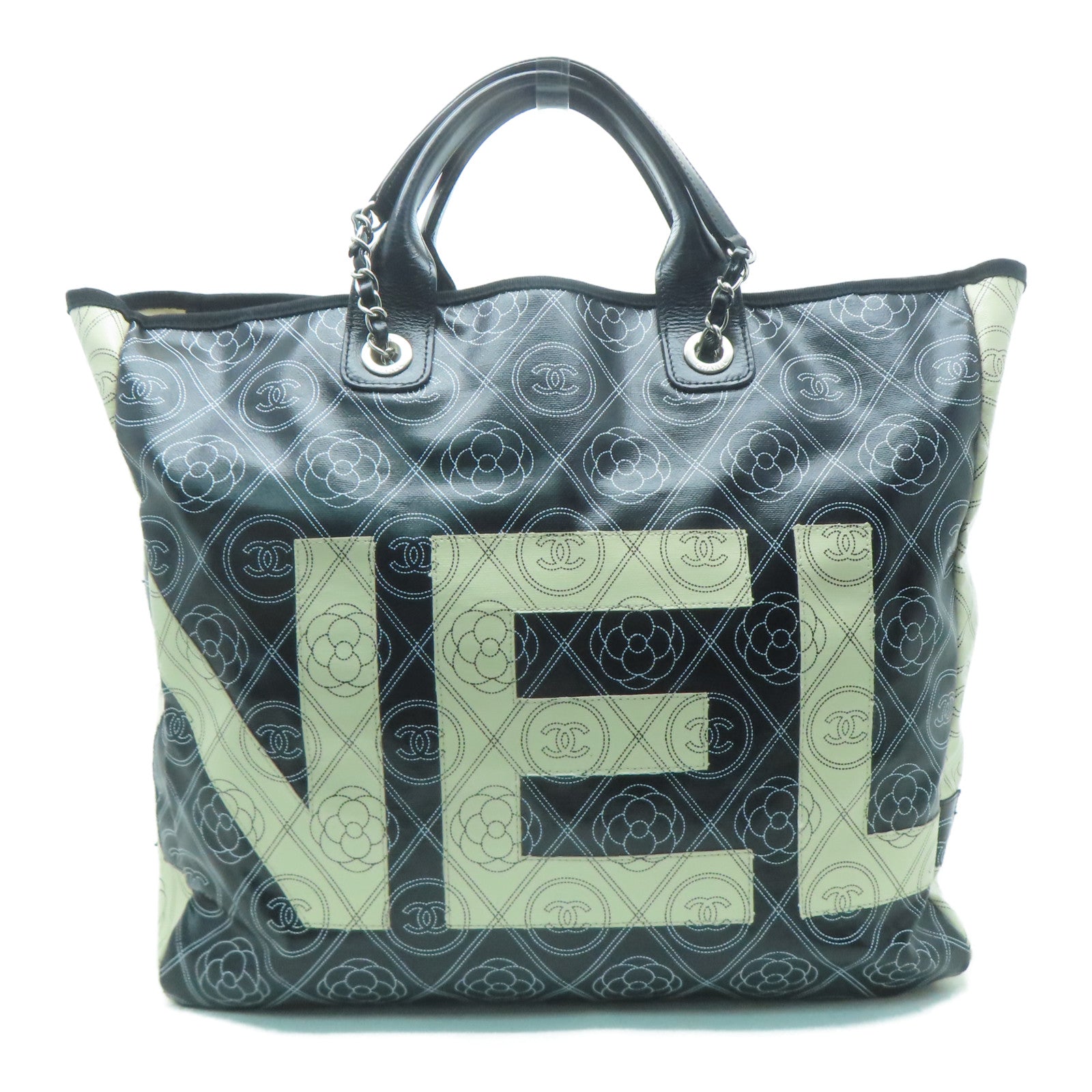 CHANEL 【激減優惠】塗層帆布Camellia Large Shopping Bag銀扣手挽袋黑色/白色