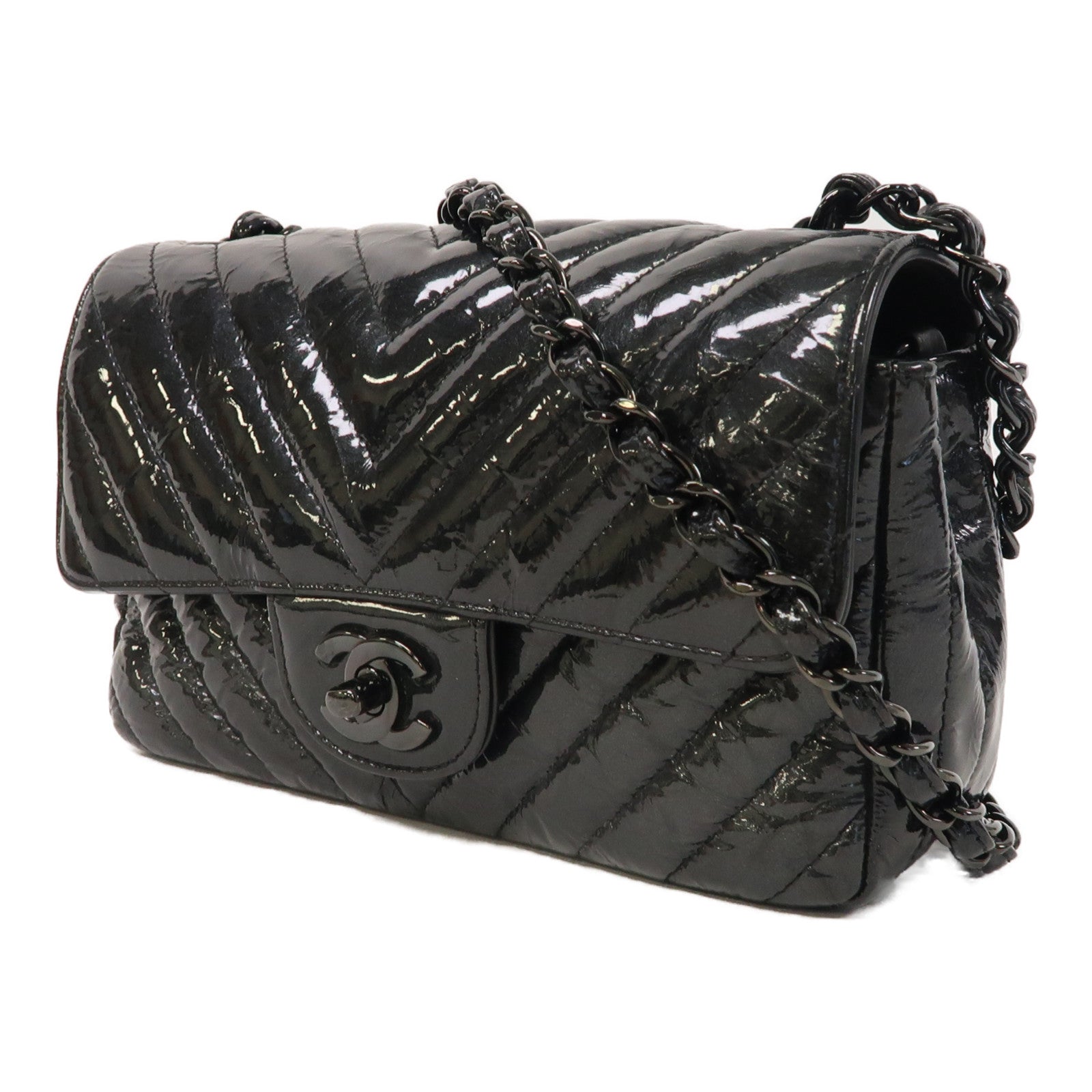 CHANEL 斜紋漆皮皮革Classic Flap 20銀扣鏈帶肩背袋黑色