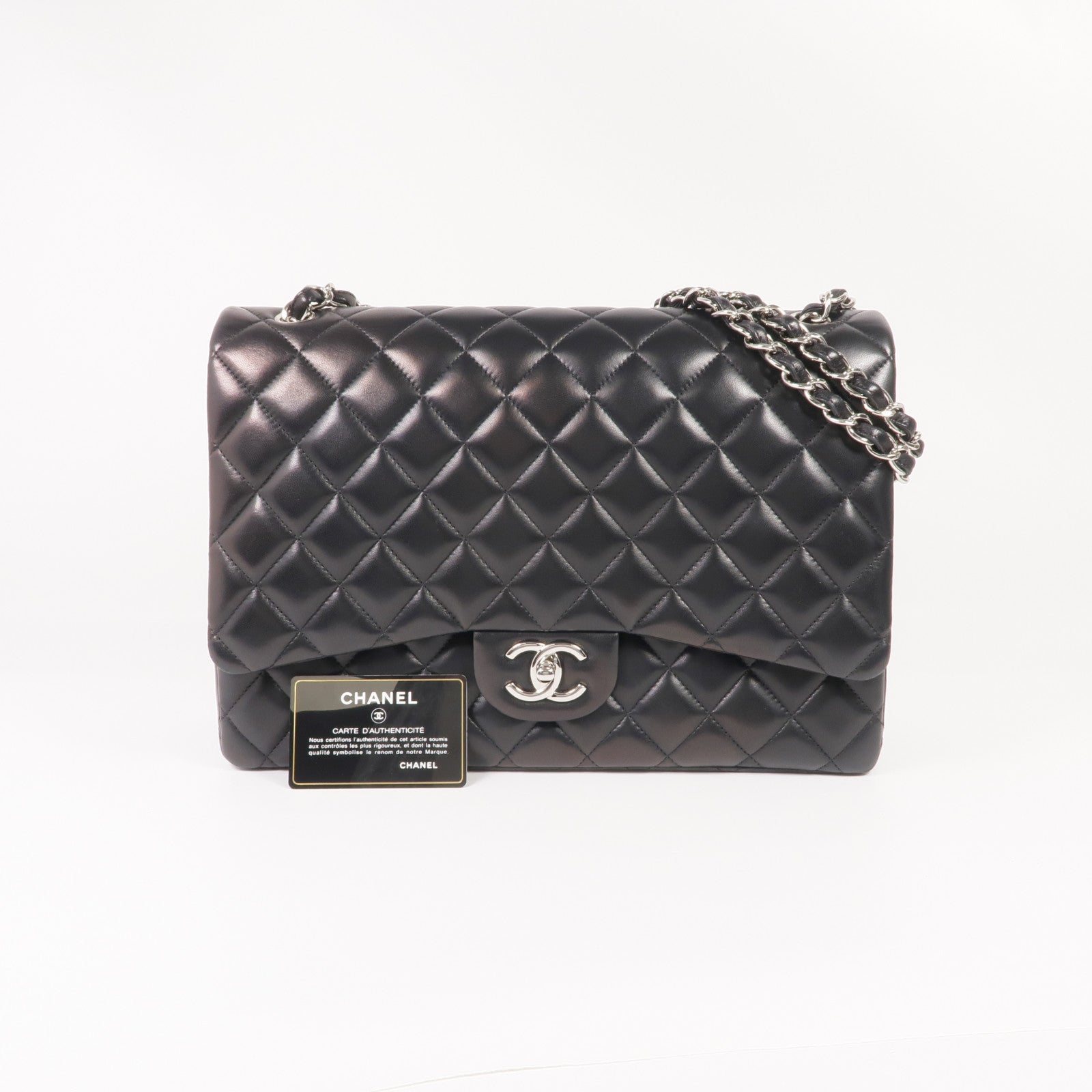 CHANEL 羊皮皮革Maxi Classic銀扣鏈帶肩背袋