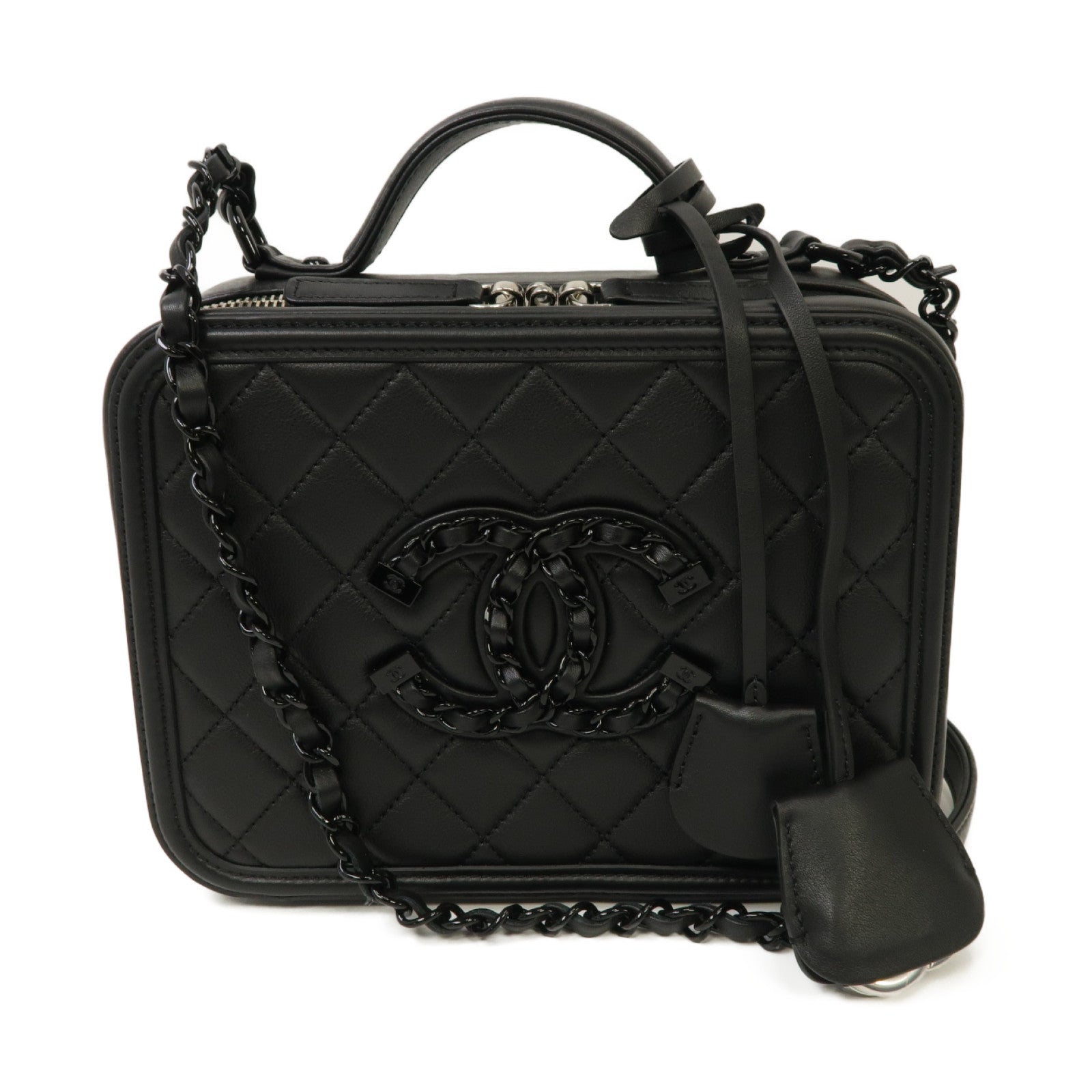 CHANEL 菱格羊皮皮革Vanity Case銀扣手挽肩背兩用袋黒色