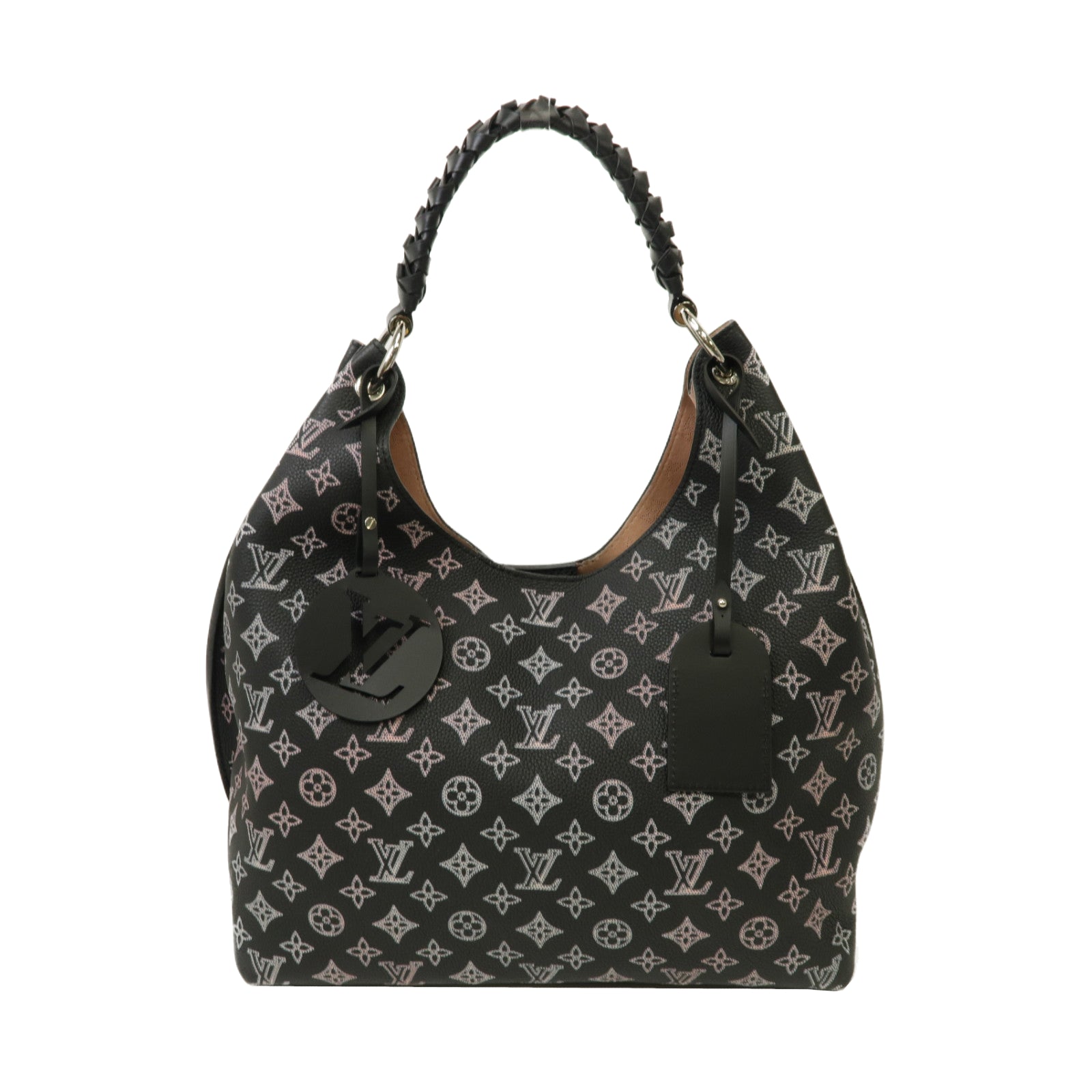 LOUIS VUITTON Monogram Mahina Carmel Hobo Bag銀扣肩背袋黑色