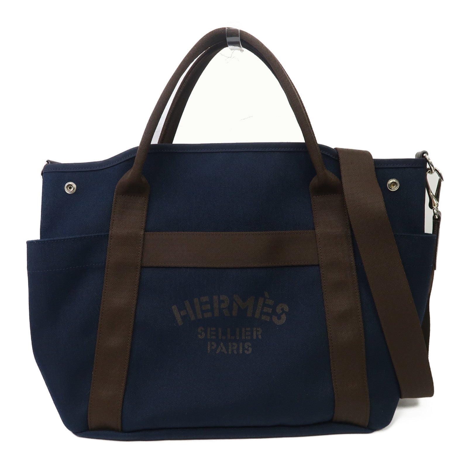 HERMES 帆布The Grooming Bag銀扣手挽肩背兩用袋藍色/火焰橘色