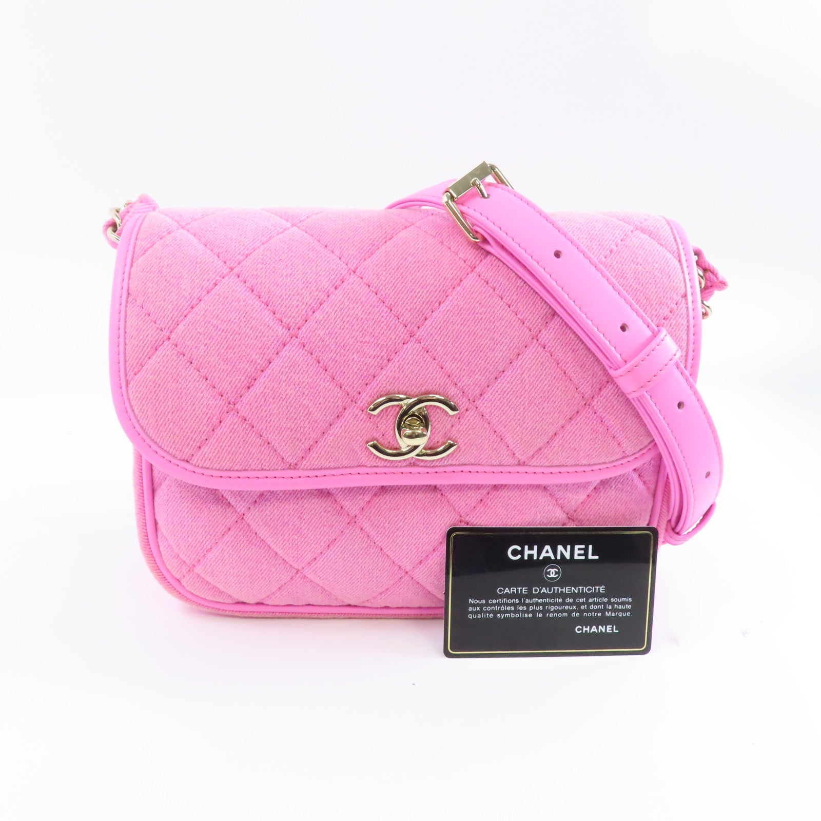 CHANEL 帆布Chain Shoulder Bag金扣鏈帶肩背袋粉紅色