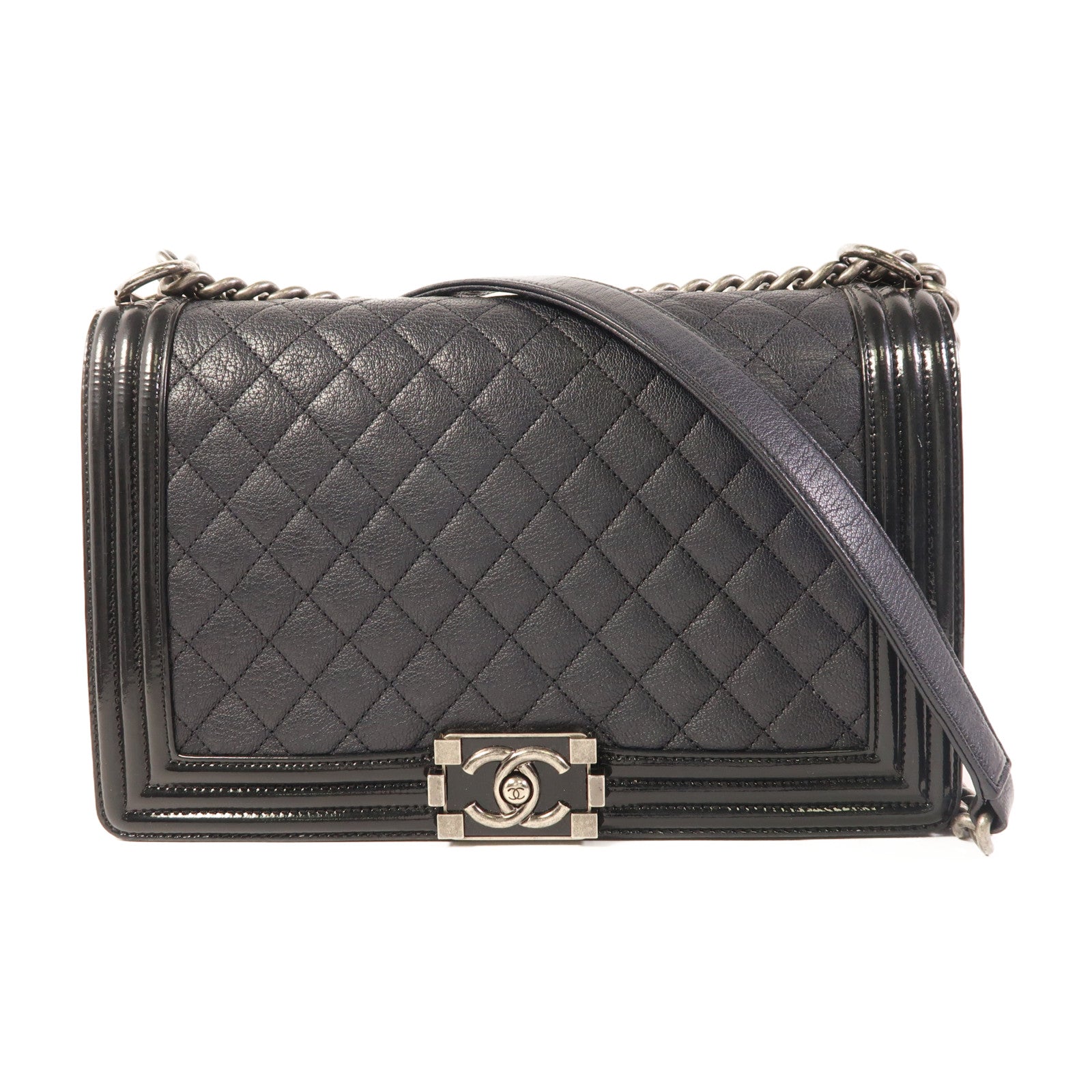 CHANEL CC Boy 28 Chain Shoulder Bag Calfskin Leather Black