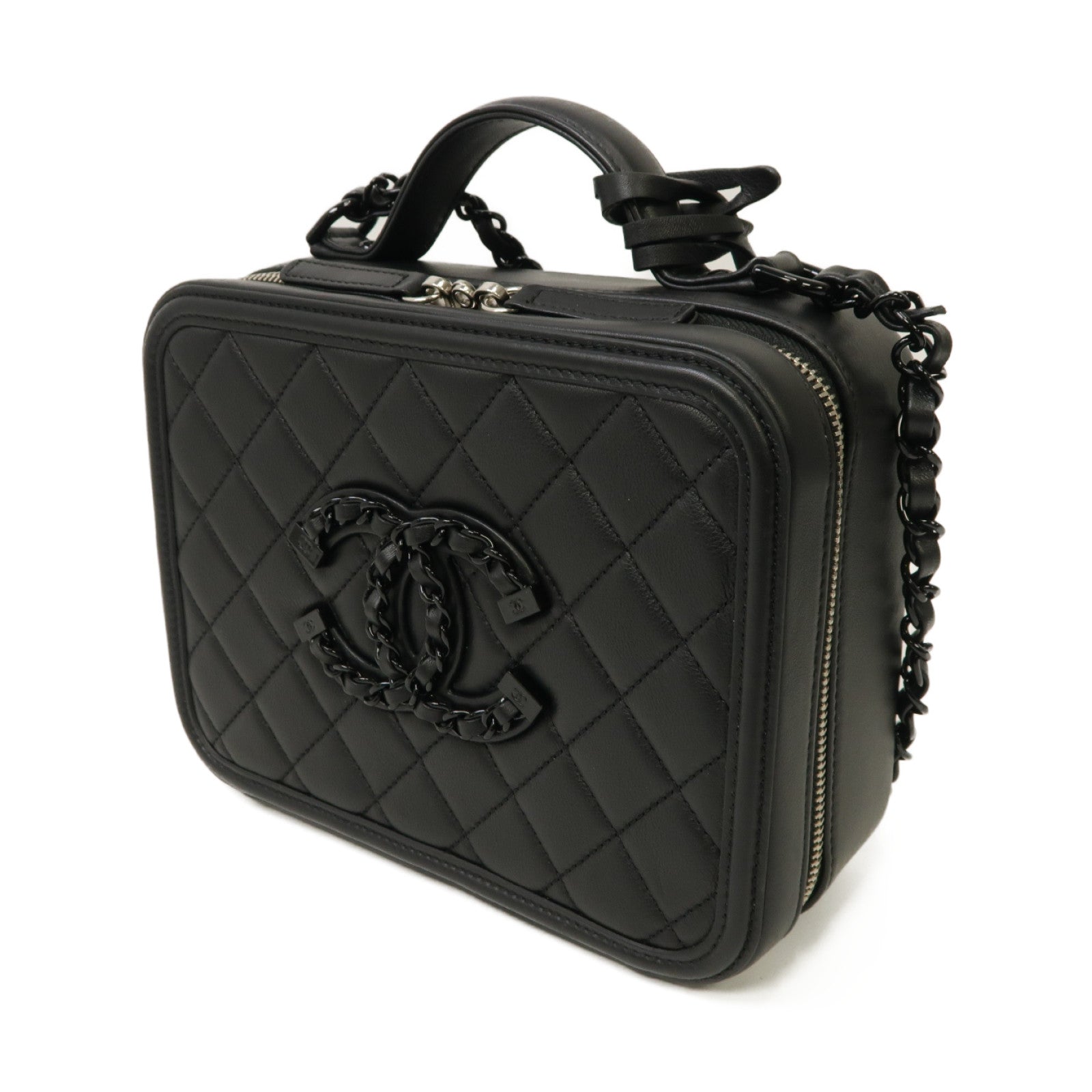 CHANEL 菱格羊皮皮革Vanity Case銀扣手挽肩背兩用袋黒色