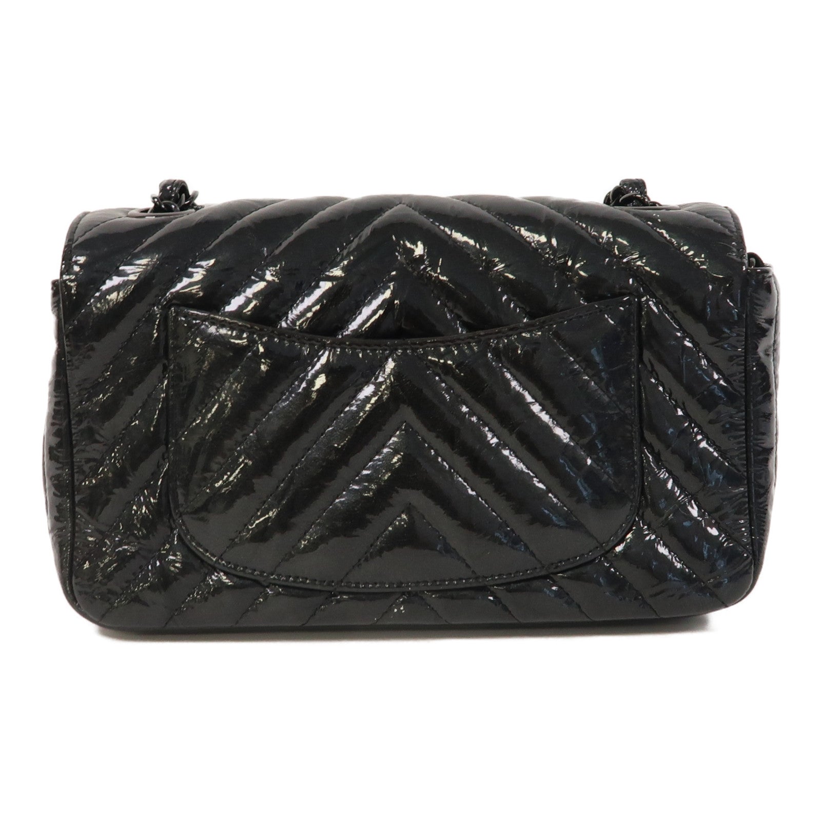 CHANEL 斜紋漆皮皮革Classic Flap 20銀扣鏈帶肩背袋黑色