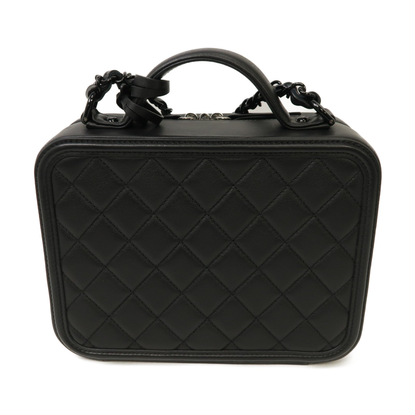 CHANEL 菱格羊皮皮革Vanity Case銀扣手挽肩背兩用袋黒色