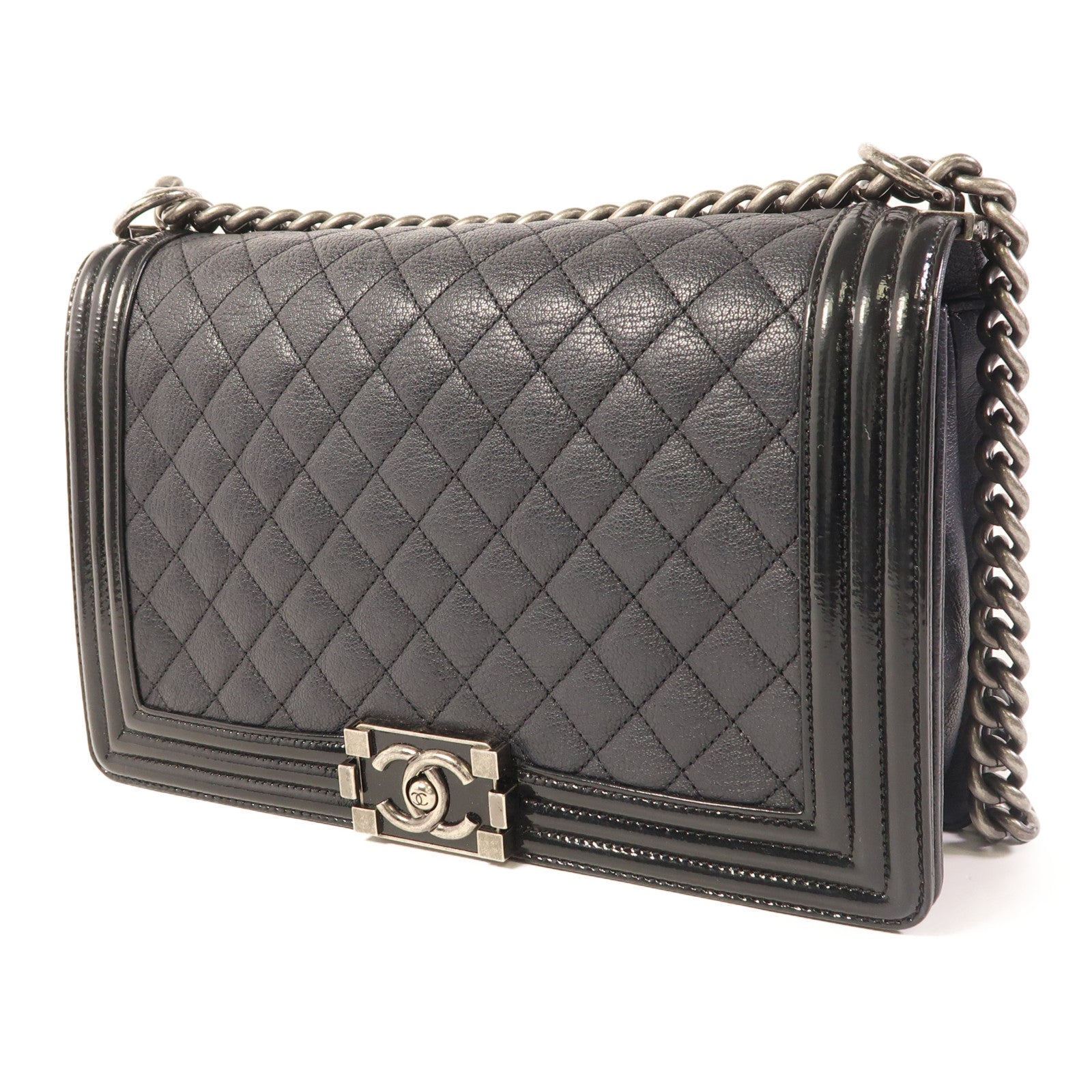 CHANEL CC Boy 28 Chain Shoulder Bag Calfskin Leather Black