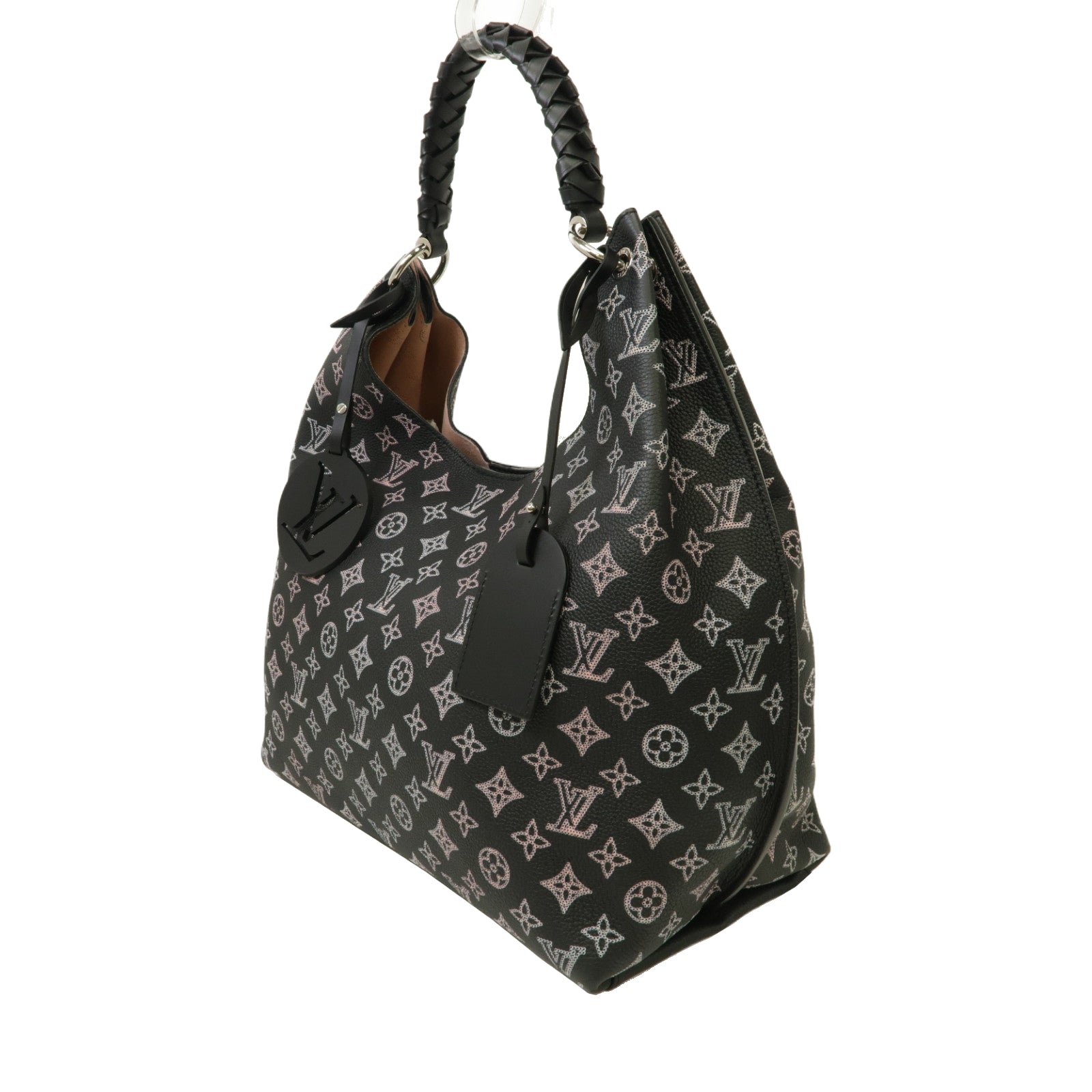 LOUIS VUITTON Monogram Mahina Carmel Hobo Bag銀扣肩背袋黑色