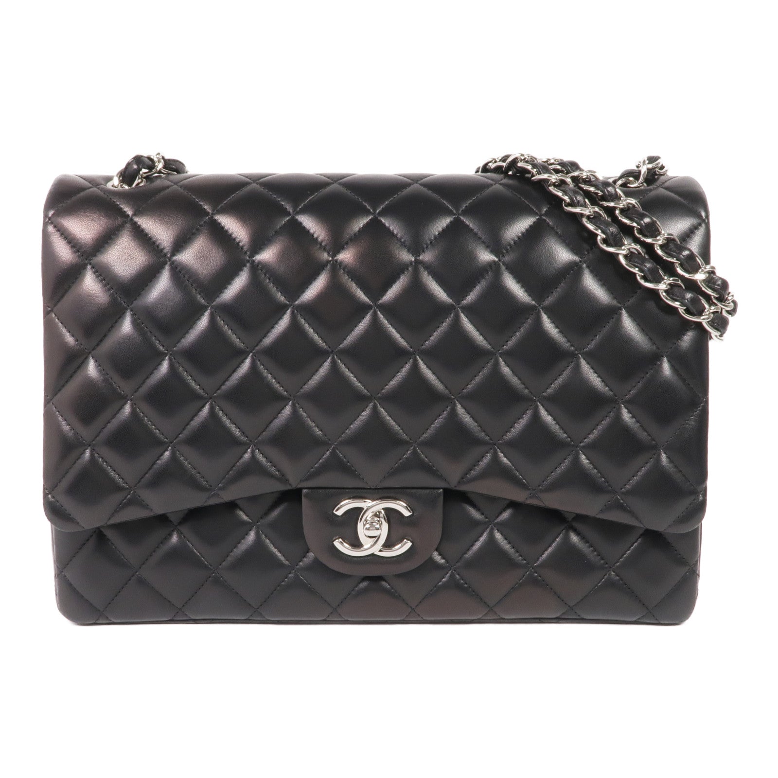 CHANEL 羊皮皮革Maxi Classic銀扣鏈帶肩背袋