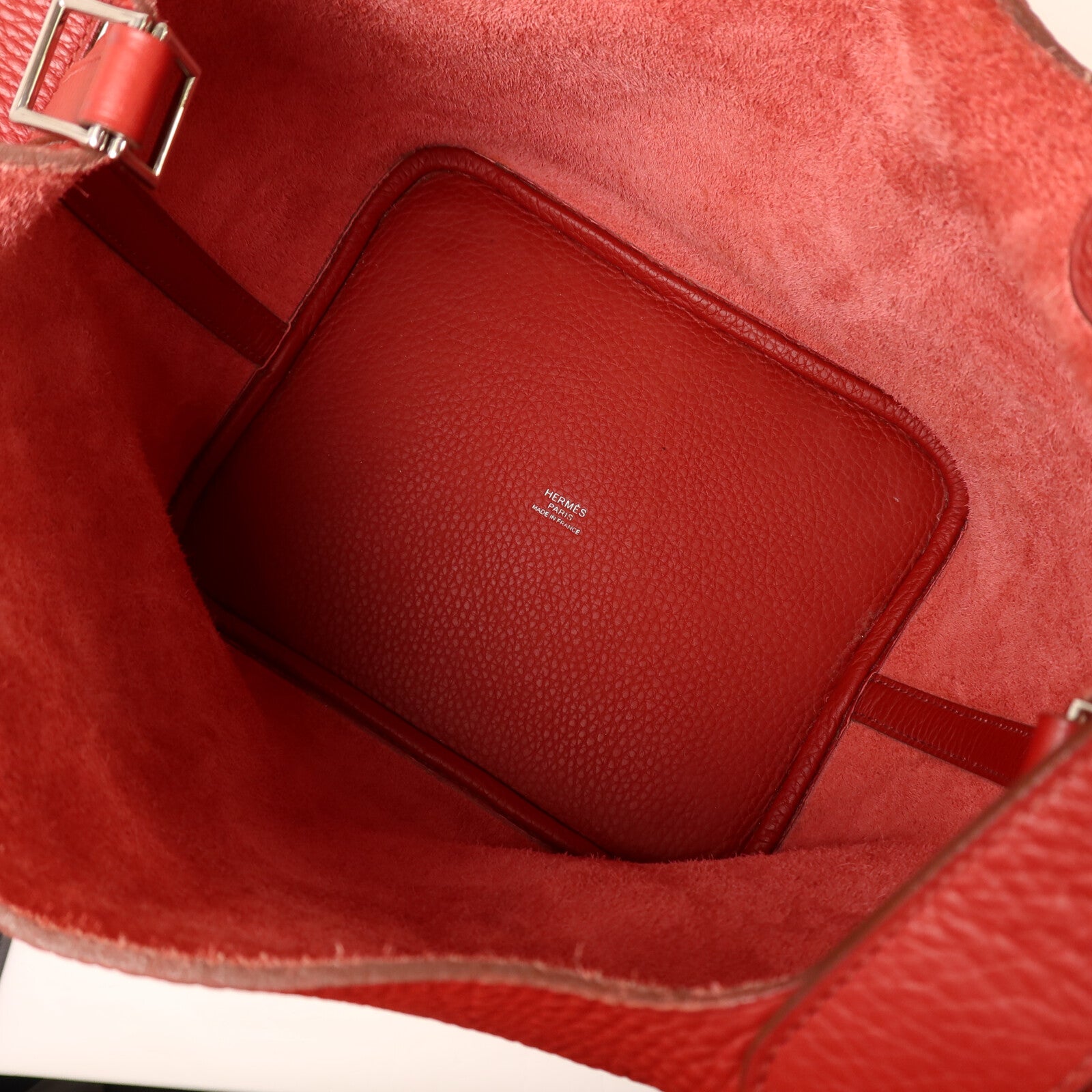 HERMES Clemence皮革Picotin MM扣手挽袋Rouge Garance