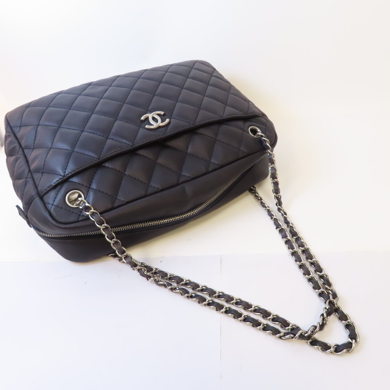 CHANEL 菱格牛皮皮革Shoulder Bag銀扣肩背袋深藍色