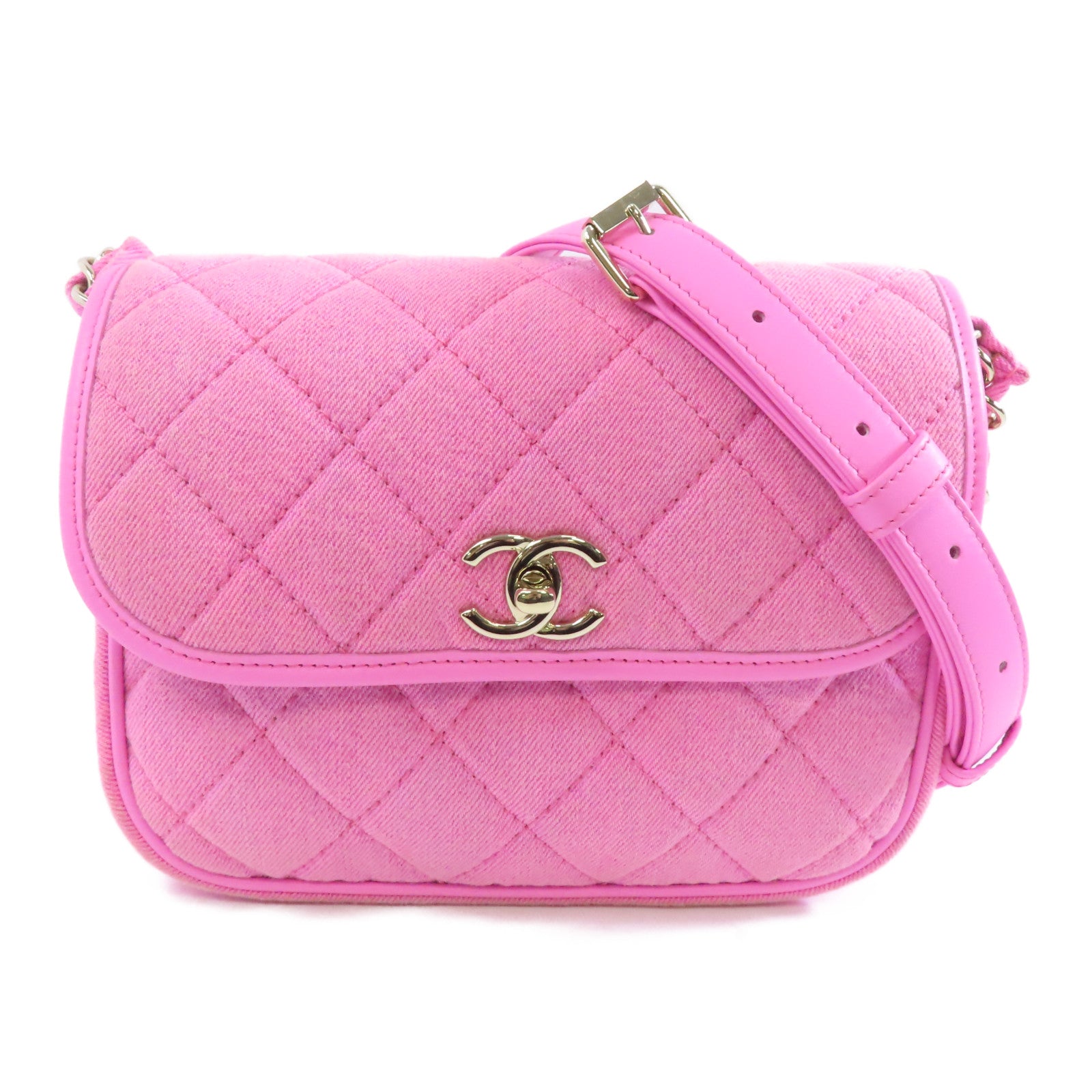 CHANEL 帆布Chain Shoulder Bag金扣鏈帶肩背袋粉紅色