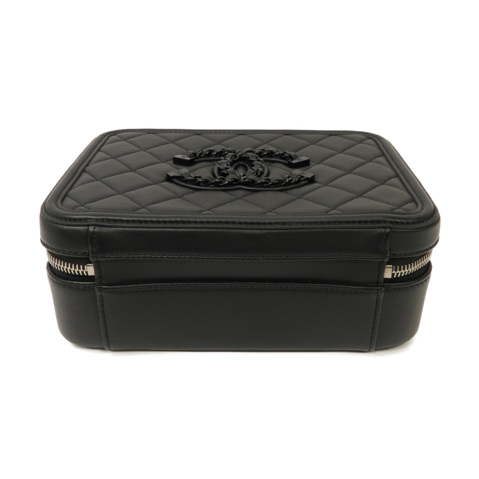 CHANEL 菱格羊皮皮革Vanity Case銀扣手挽肩背兩用袋黒色