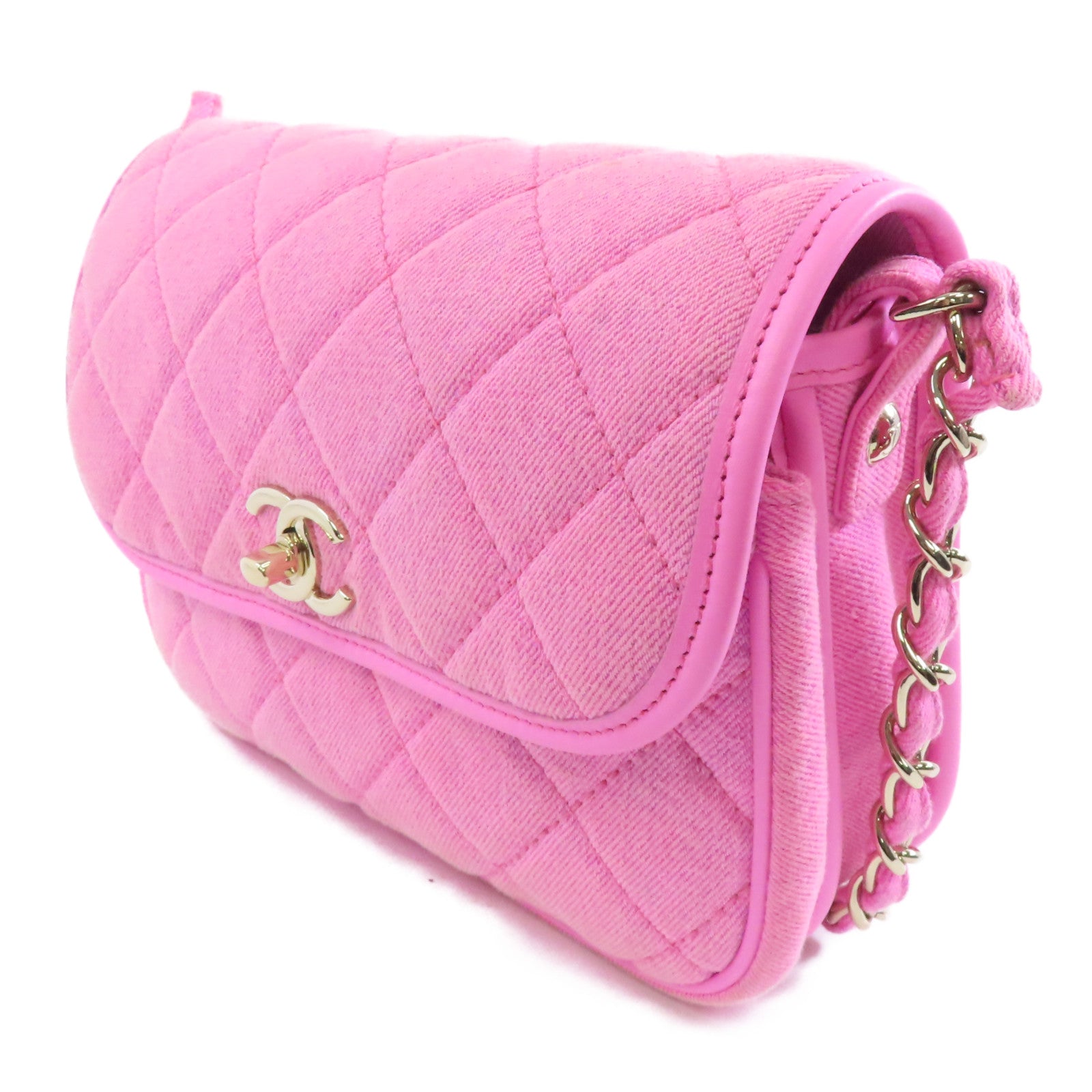 CHANEL 帆布Chain Shoulder Bag金扣鏈帶肩背袋粉紅色