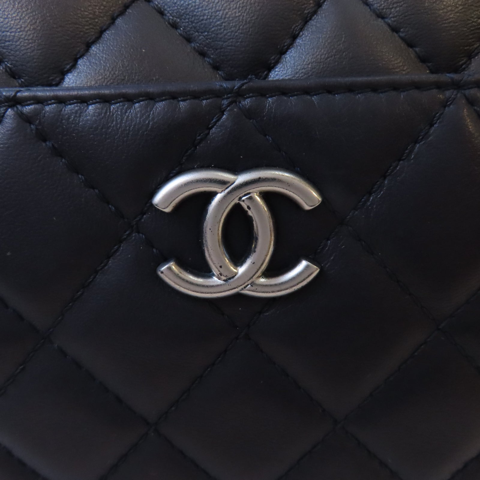 CHANEL 菱格牛皮皮革Shoulder Bag銀扣肩背袋深藍色