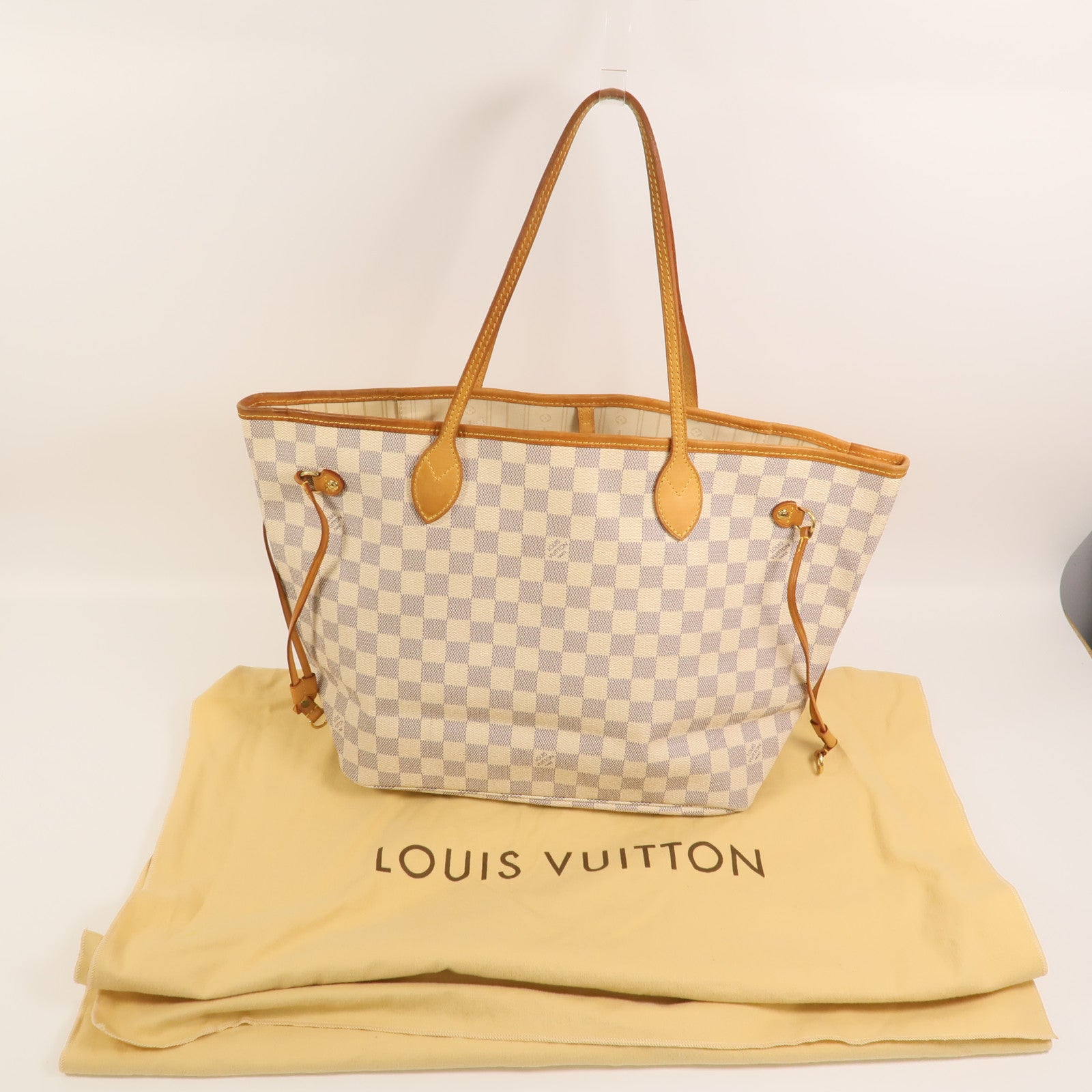 LOUIS VUITTON Damier Azur Neverfull MM金扣手挽袋