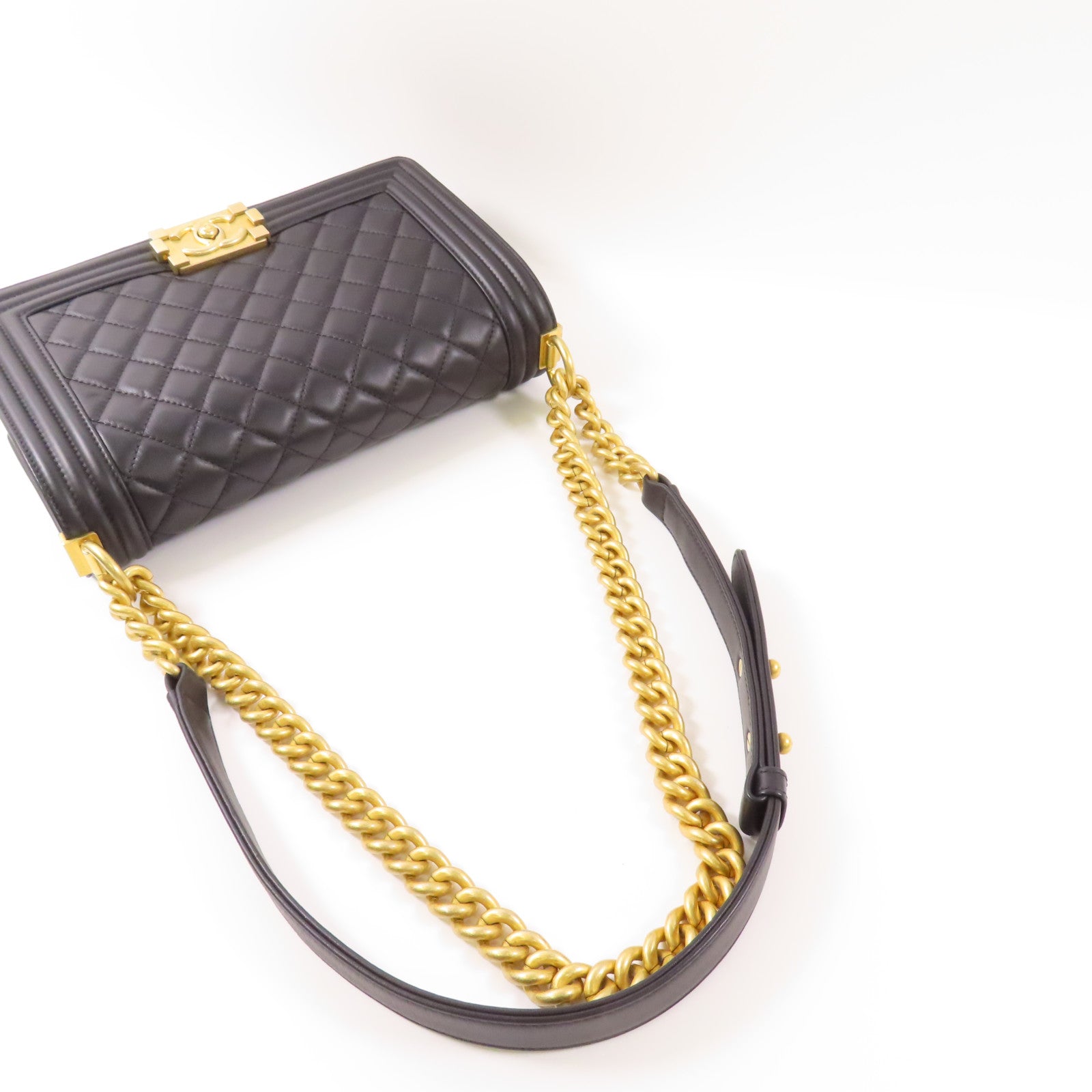 CHANEL 羊皮皮革Boy 25金扣鏈帶肩背袋