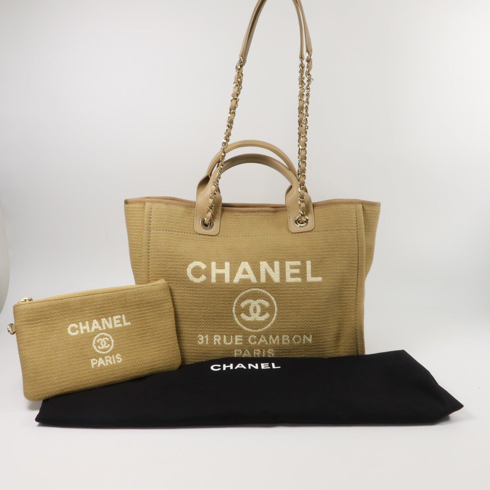CHANEL 帆布/皮革Deauville Medium鏈帶手挽肩背兩用袋