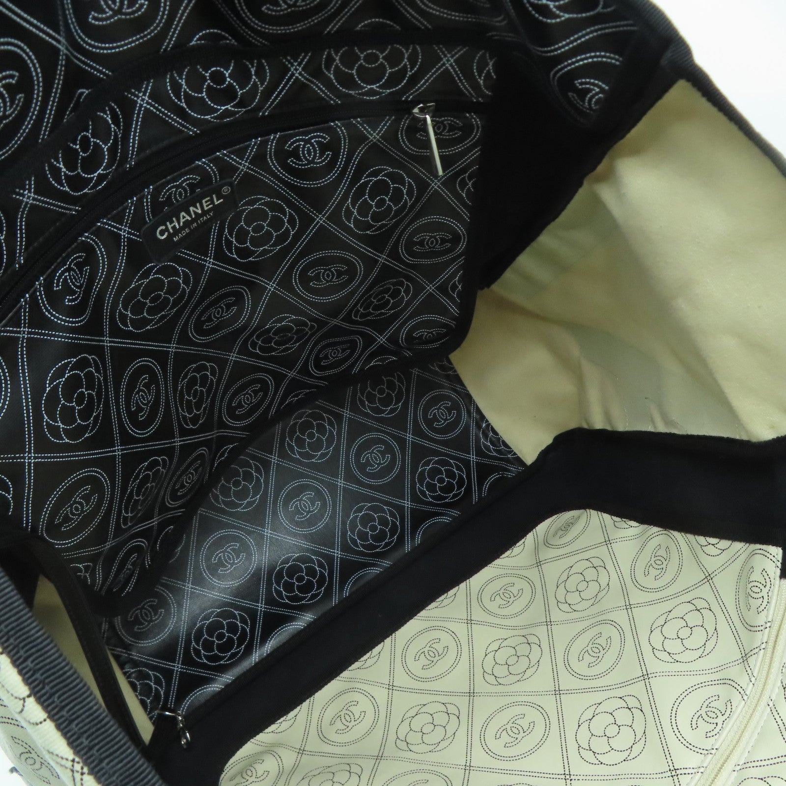 CHANEL 【激減優惠】塗層帆布Camellia Large Shopping Bag銀扣手挽袋黑色/白色