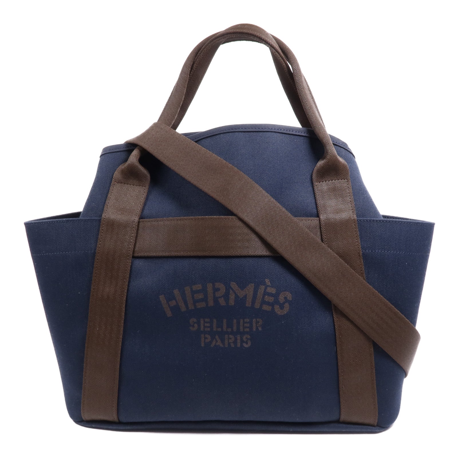 HERMES 帆布Sac De Pansage Groom銀扣手挽肩背兩用袋Bleu Indigo/Feu