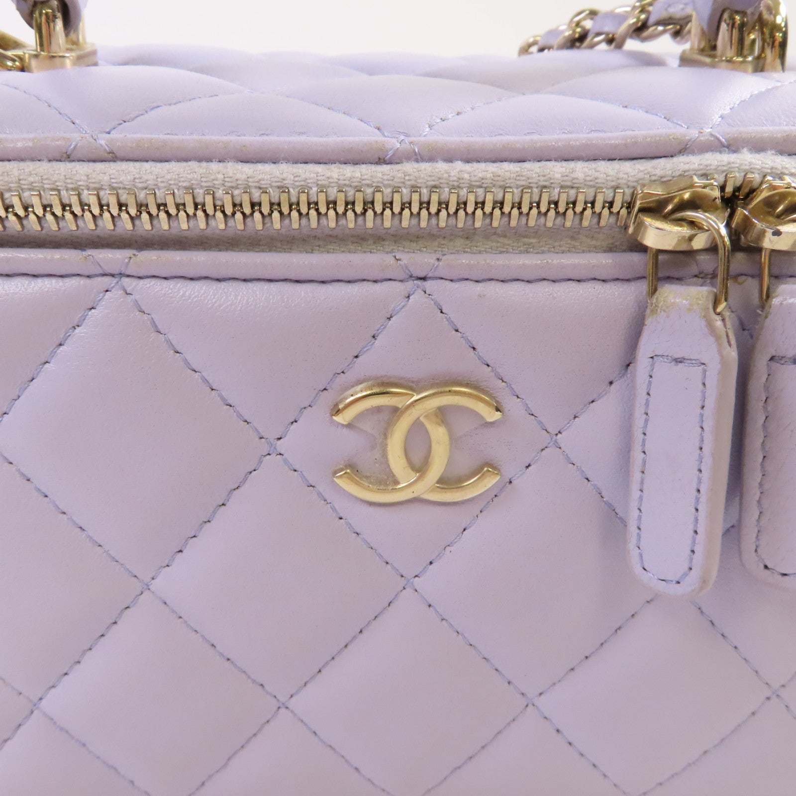 CHANEL 菱格羊皮皮革Vanity Case Shoulder Bag金扣鏈帶手挽肩背兩用袋紫色