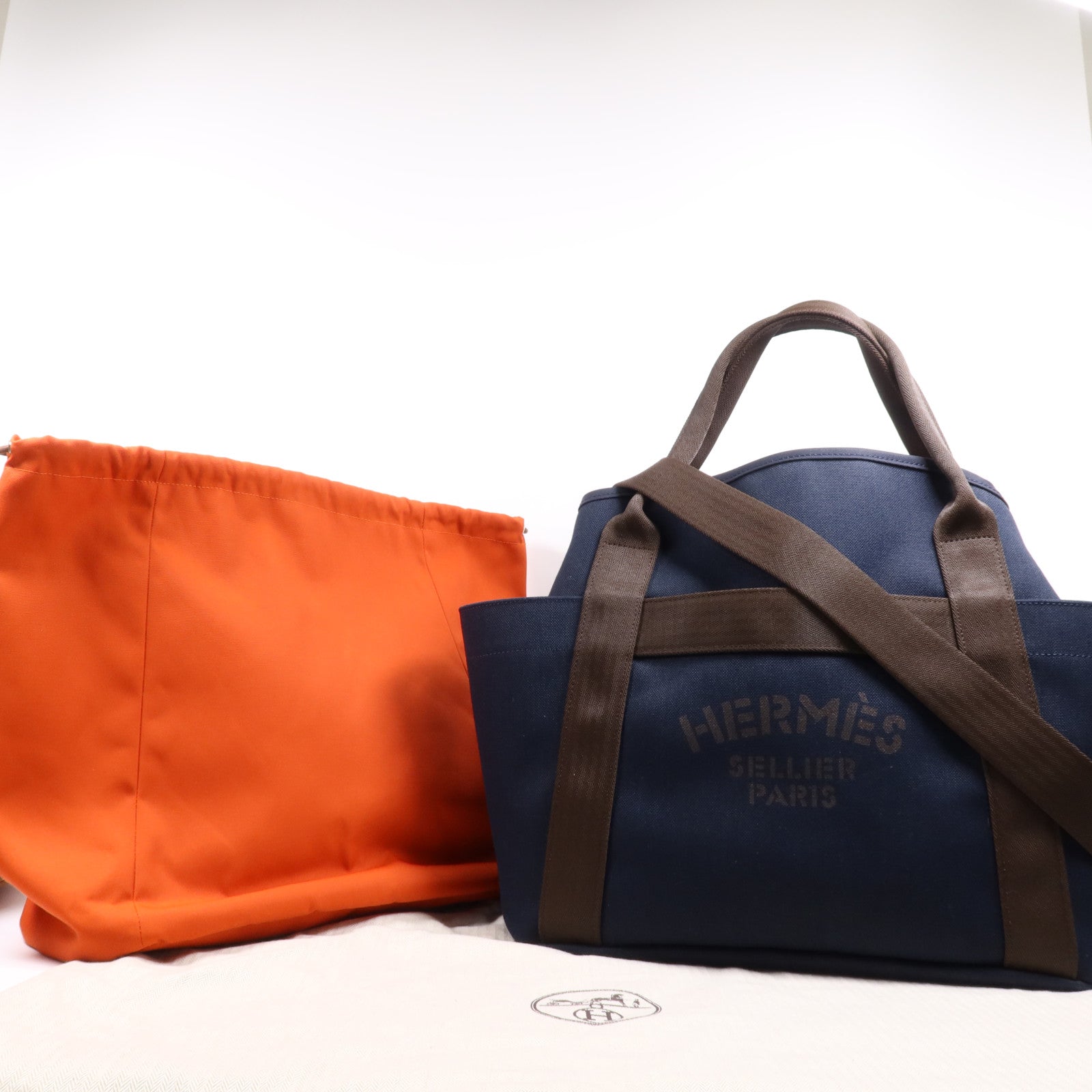 HERMES 【激減優惠】帆布Sac De Pansage Groom銀扣手挽肩背兩用袋Bleu Indigo/Feu