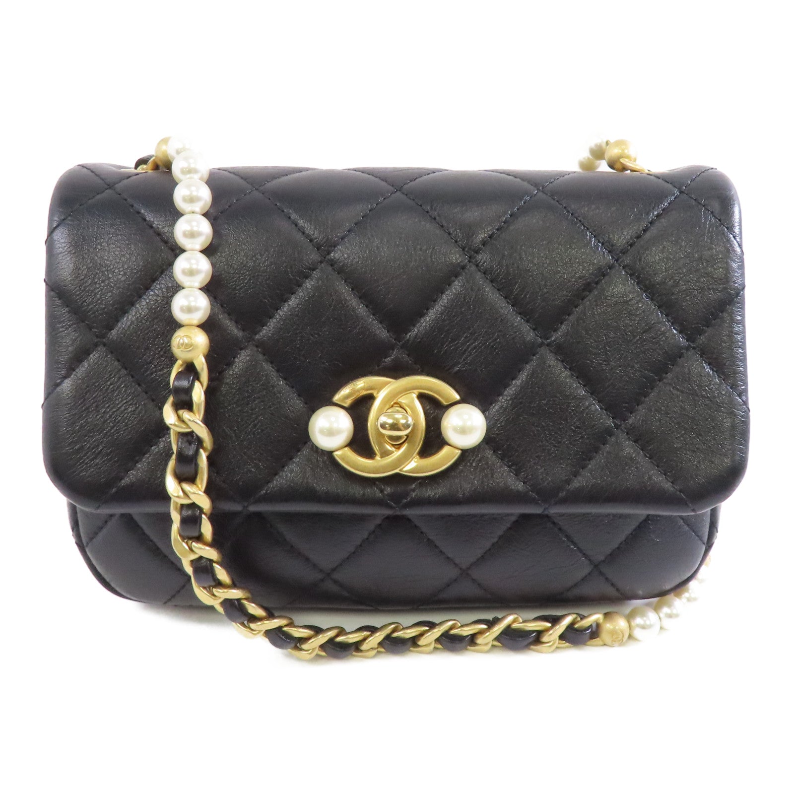 CHANEL 菱格羊皮皮革Chain Shoulder金扣鏈帶肩背袋黑色