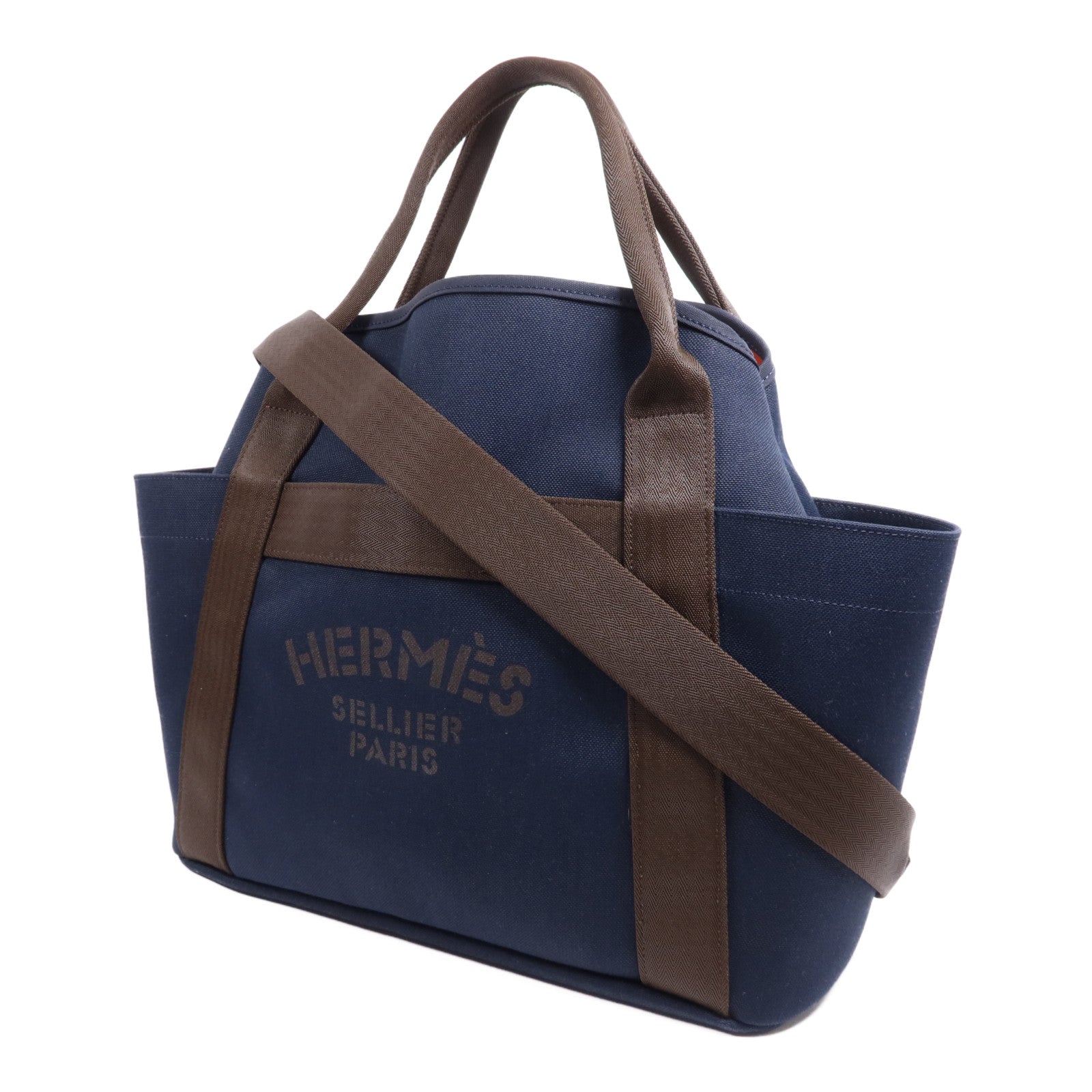 HERMES 【激減優惠】帆布Sac De Pansage Groom銀扣手挽肩背兩用袋Bleu Indigo/Feu