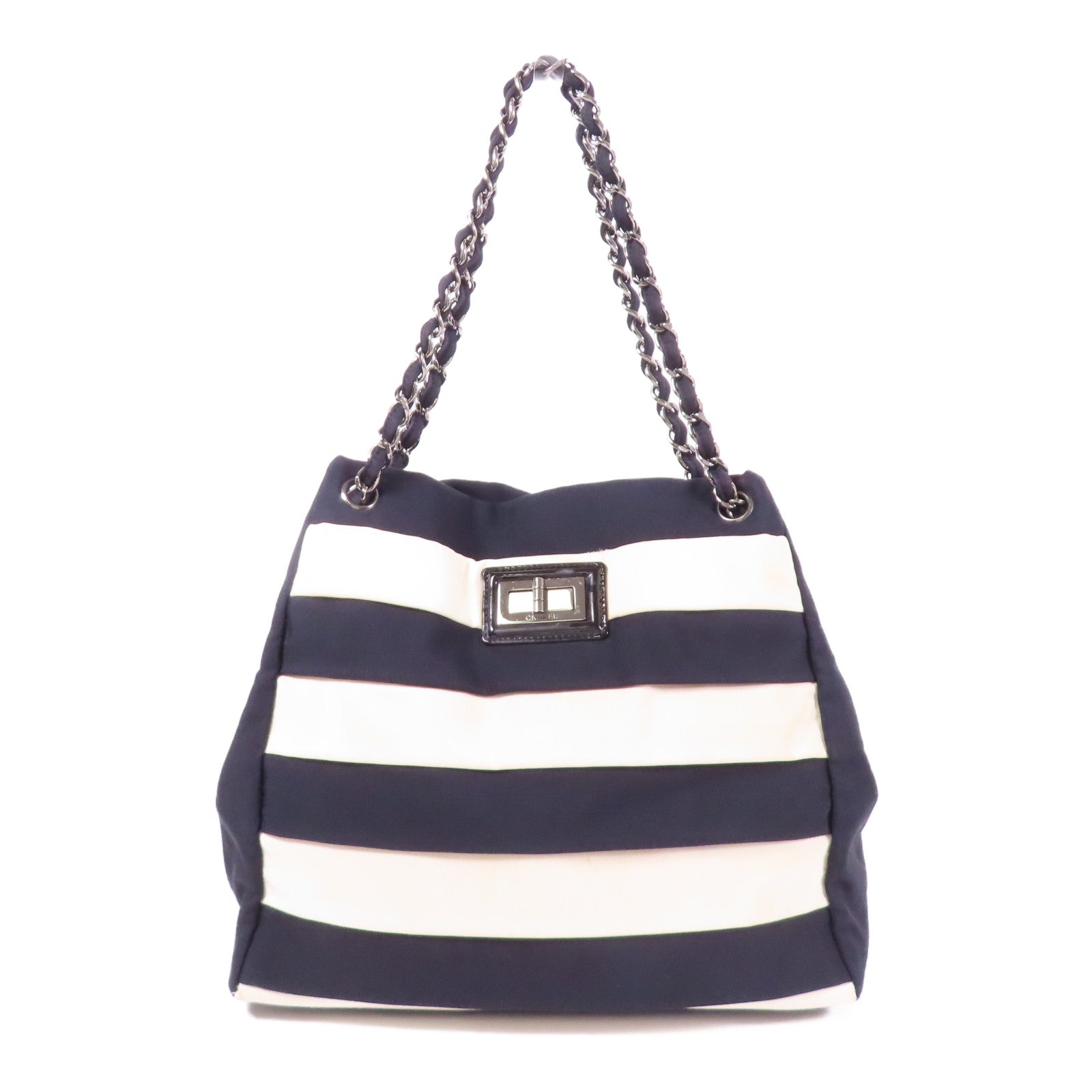 CHANEL CC SHW Chain Shoulder Tote Bag Nylon Black White
