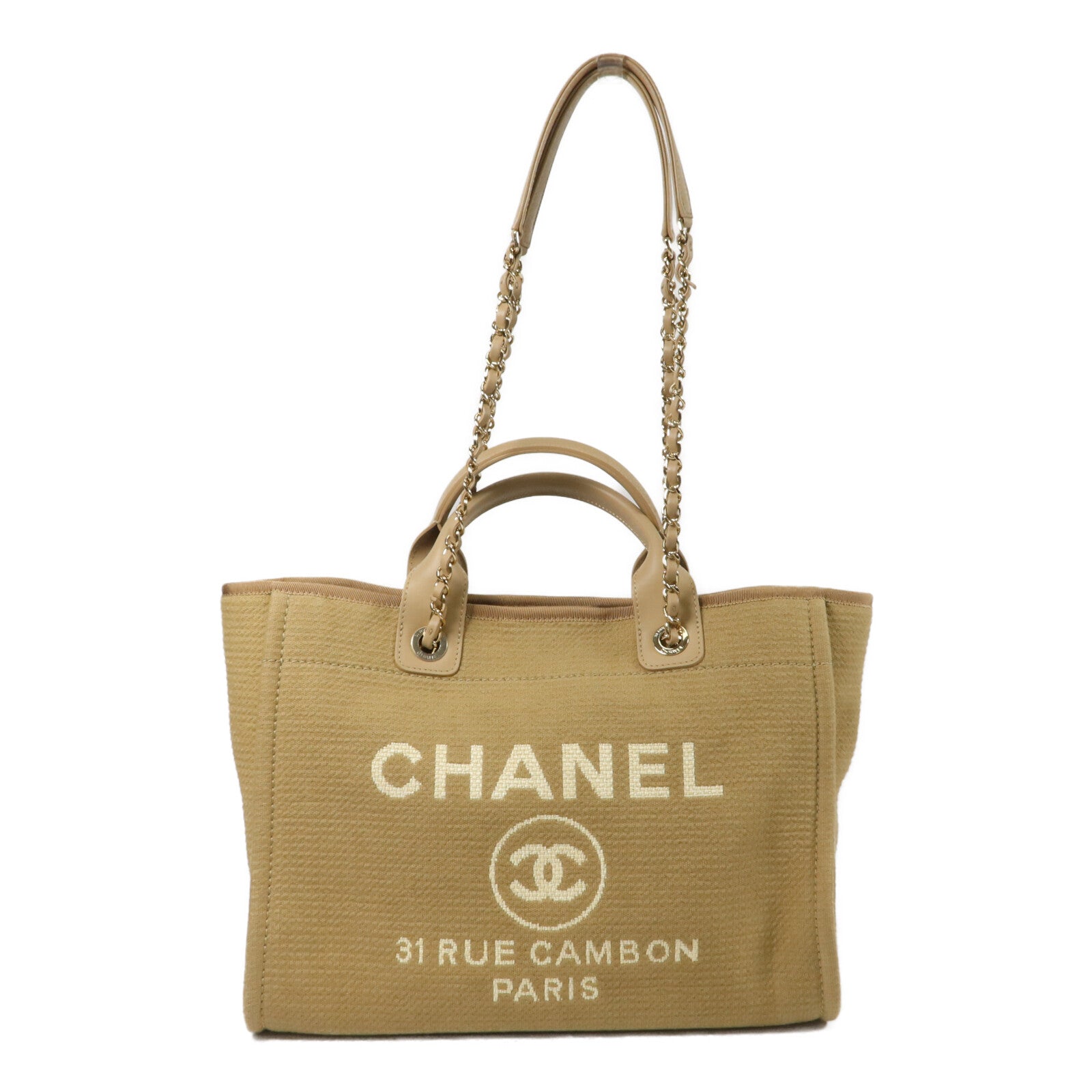 CHANEL 帆布/皮革Deauville Medium鏈帶手挽肩背兩用袋