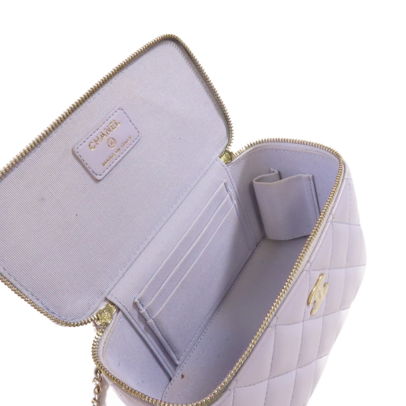 CHANEL 菱格羊皮皮革Vanity Case Shoulder Bag金扣鏈帶手挽肩背兩用袋紫色