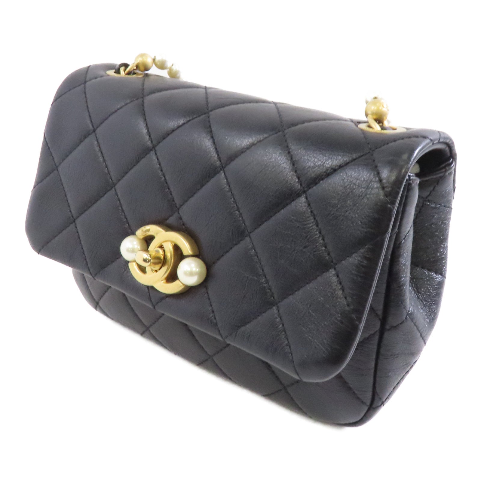 CHANEL 菱格羊皮皮革Chain Shoulder金扣鏈帶肩背袋黑色