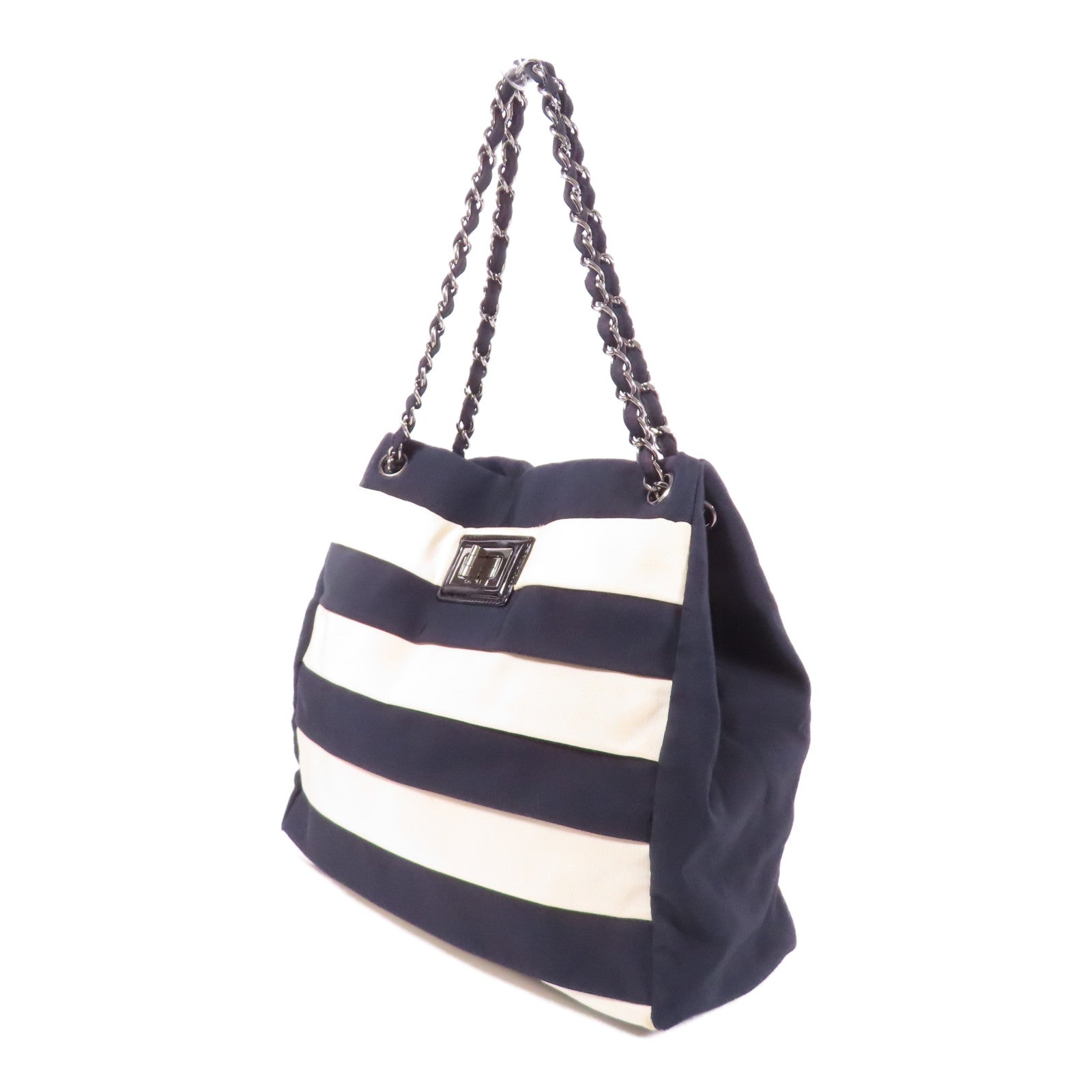 CHANEL CC SHW Chain Shoulder Tote Bag Nylon Black White