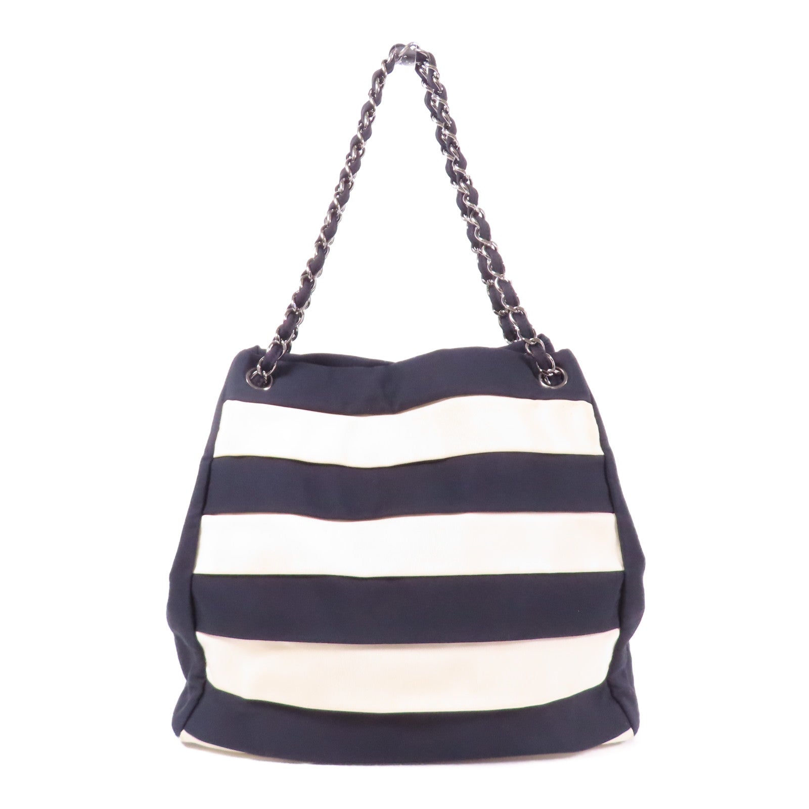 CHANEL CC SHW Chain Shoulder Tote Bag Nylon Black White