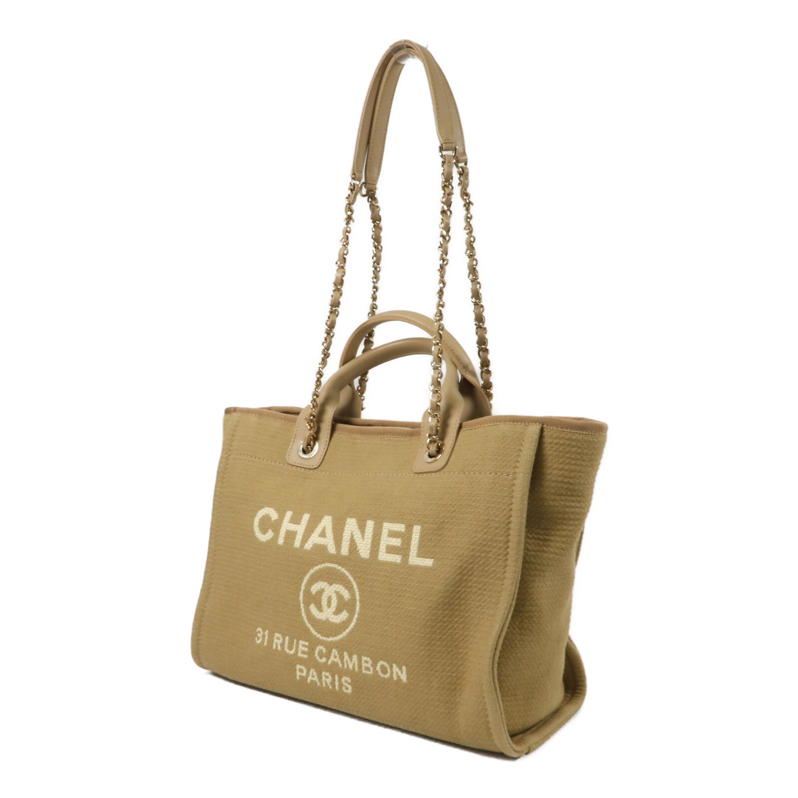 CHANEL 帆布/皮革Deauville Medium鏈帶手挽肩背兩用袋