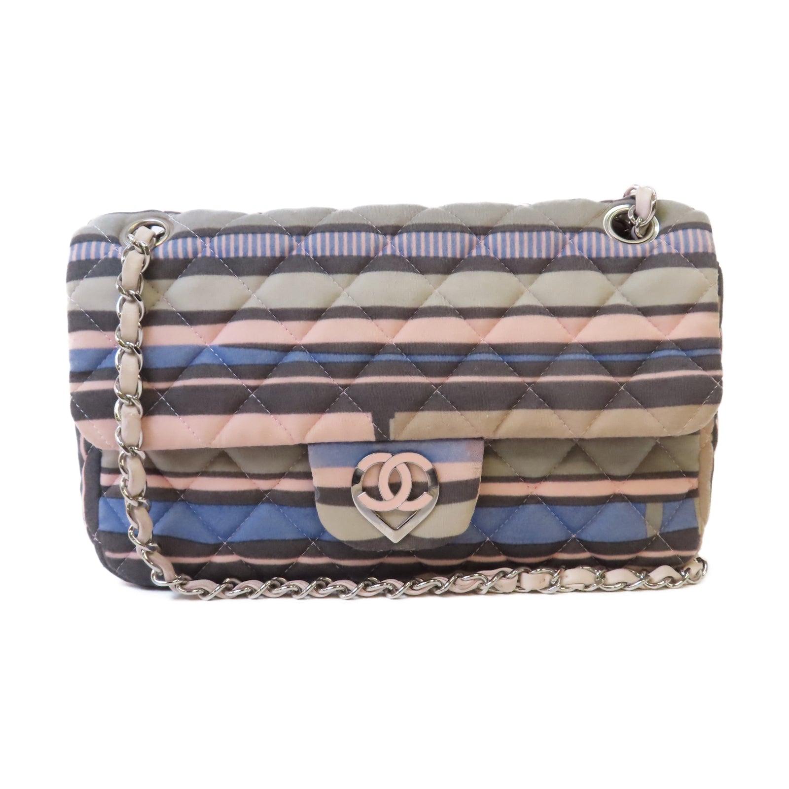 CHANEL 菱格布料Chain Shoulder銀扣鏈帶肩背袋彩色
