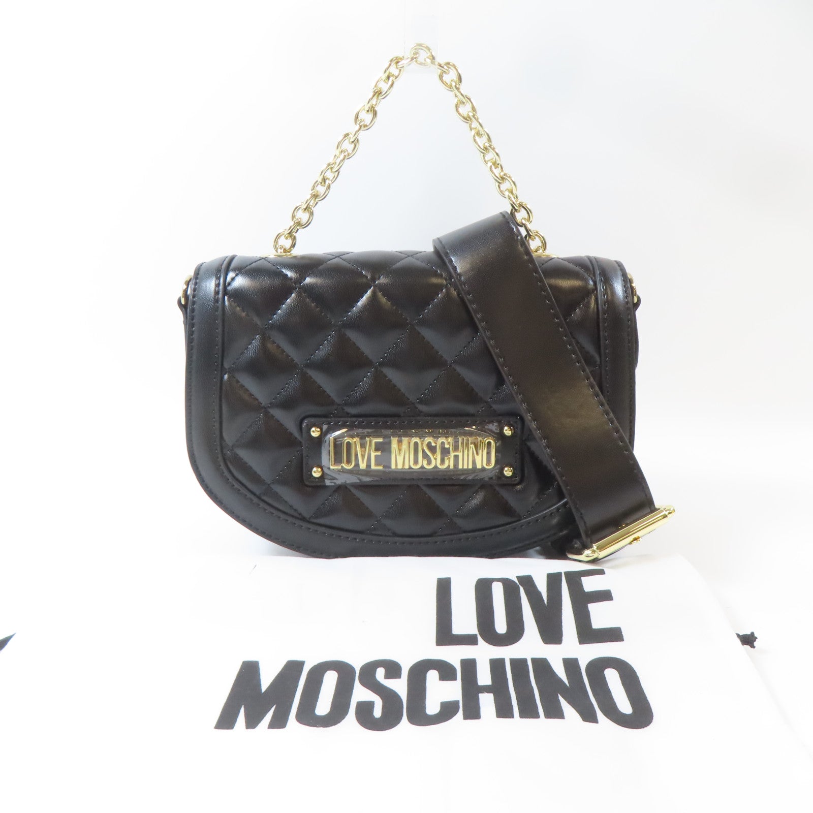 MOSCHINO 菱格塗層帆布2 Way Shoulder金扣手挽肩背兩用袋黑色