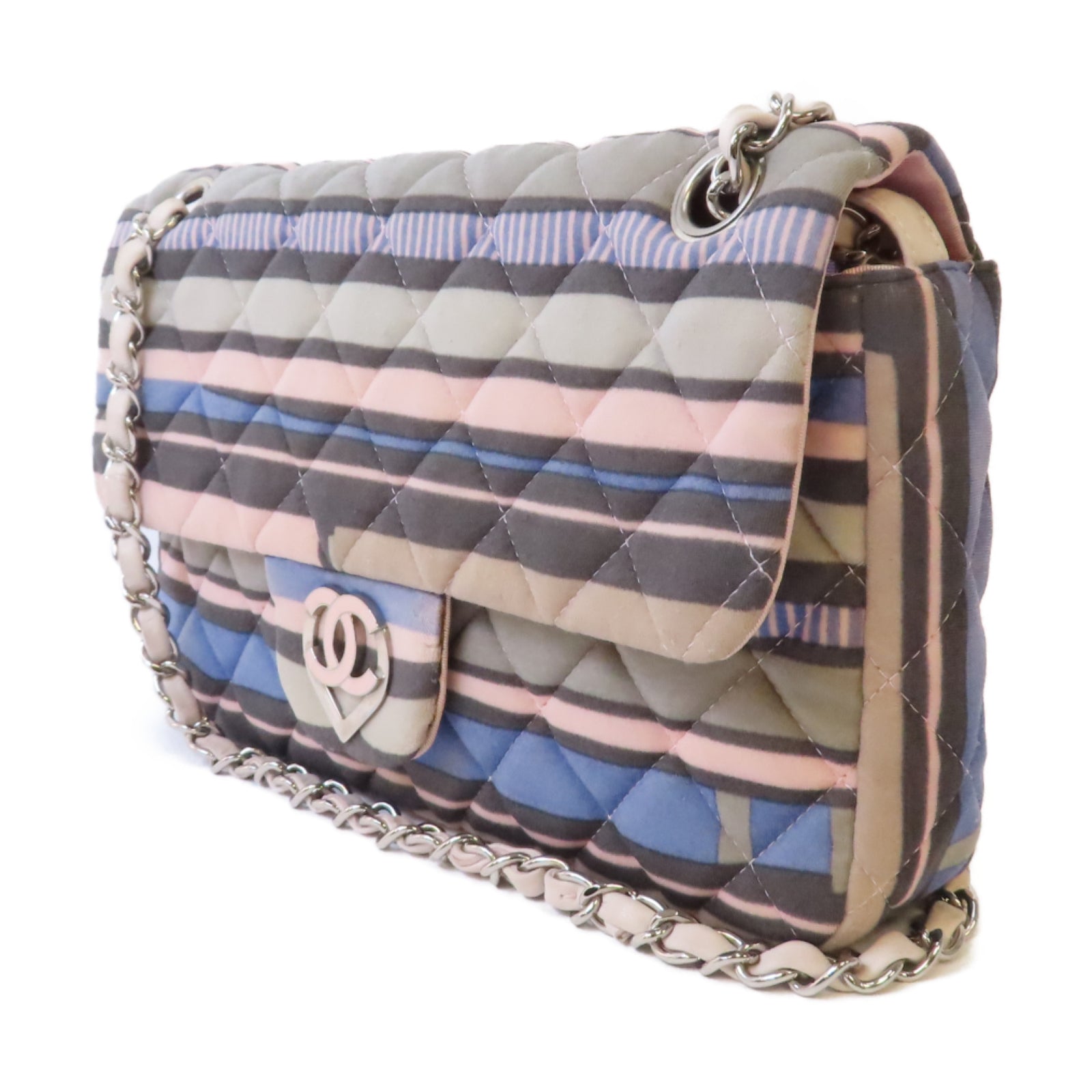 CHANEL 菱格布料Chain Shoulder銀扣鏈帶肩背袋彩色