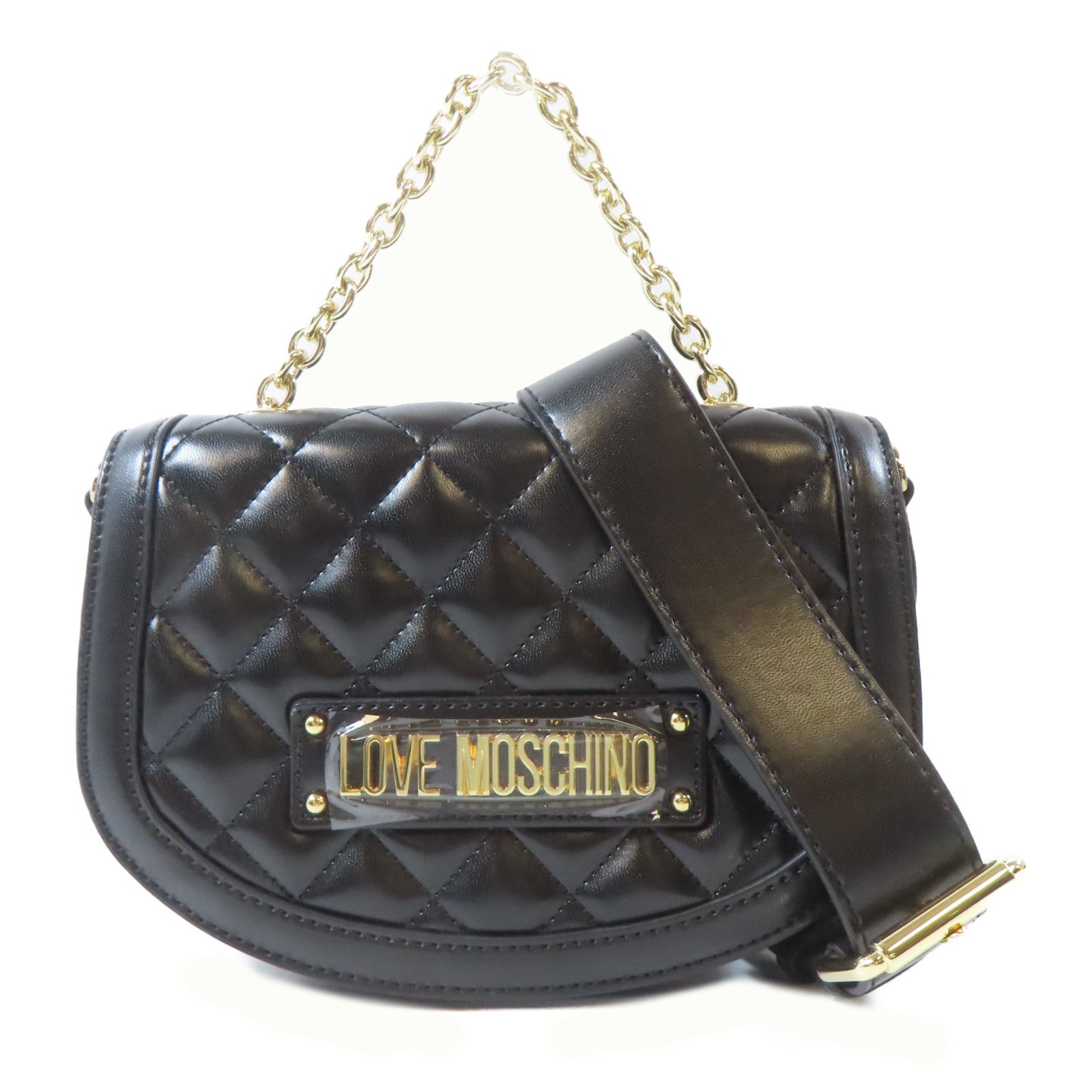 MOSCHINO 菱格塗層帆布2 Way Shoulder金扣手挽肩背兩用袋黑色