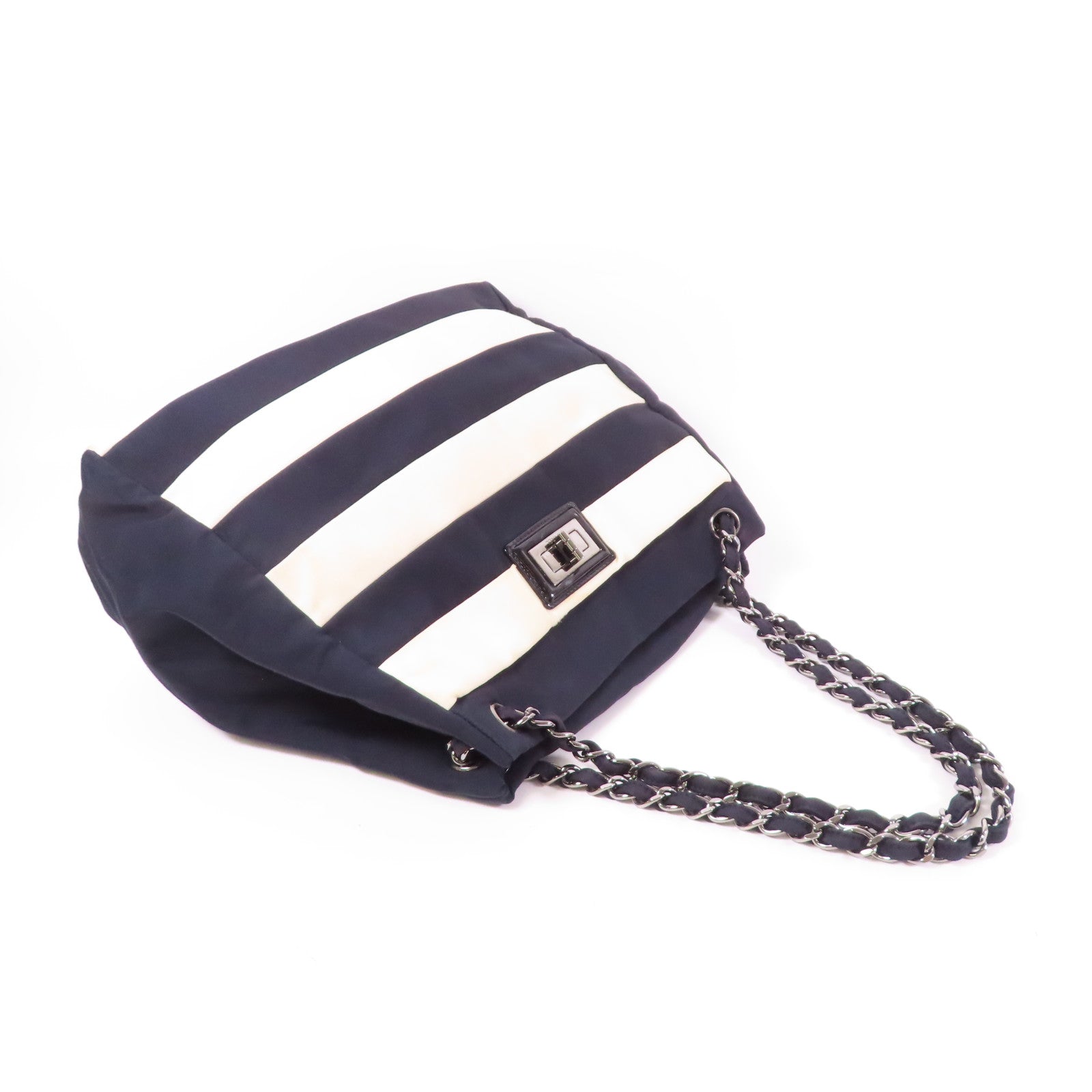 CHANEL CC SHW Chain Shoulder Tote Bag Nylon Black White