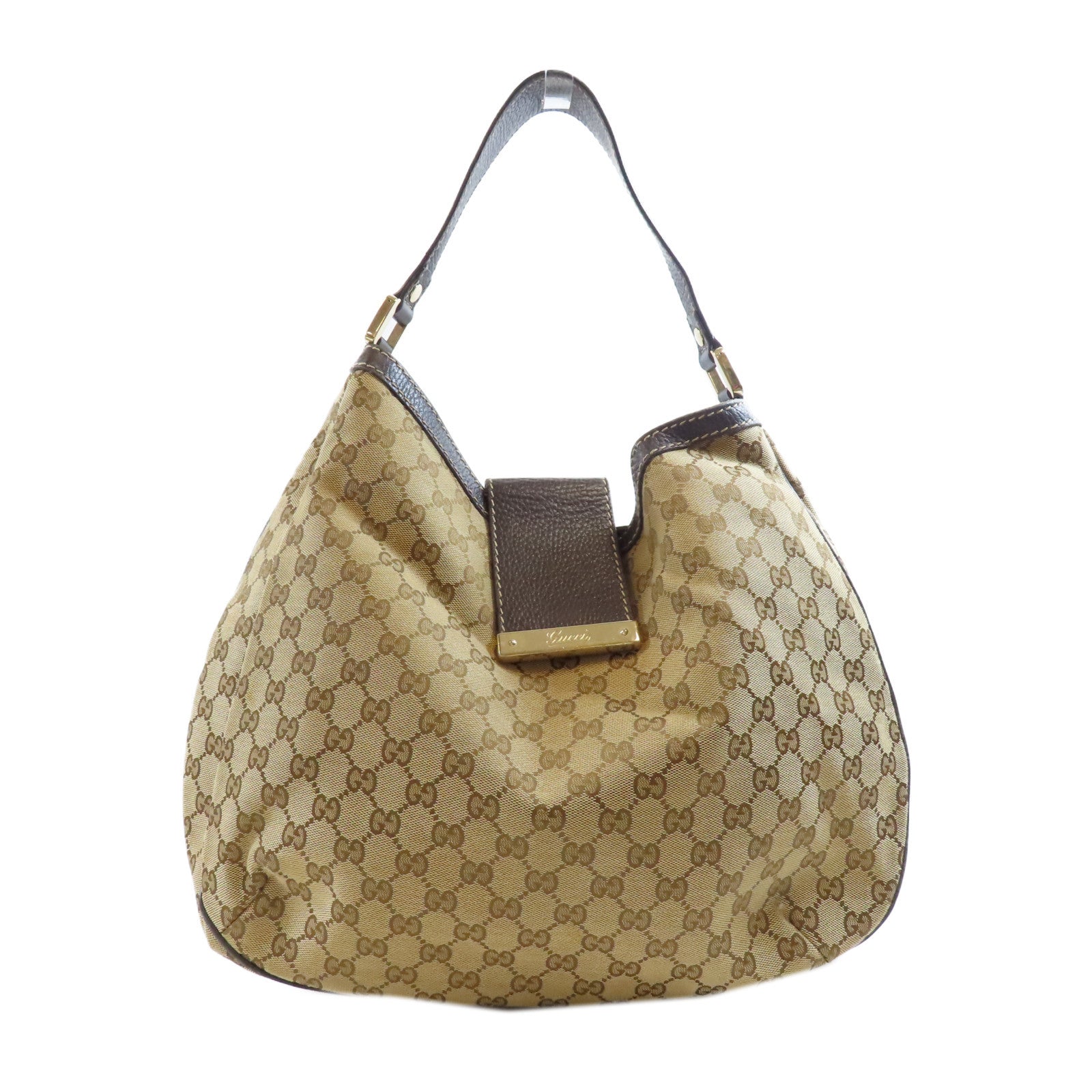 GUCCI 帆布/皮革Shoulder Bag金扣肩背袋棕色