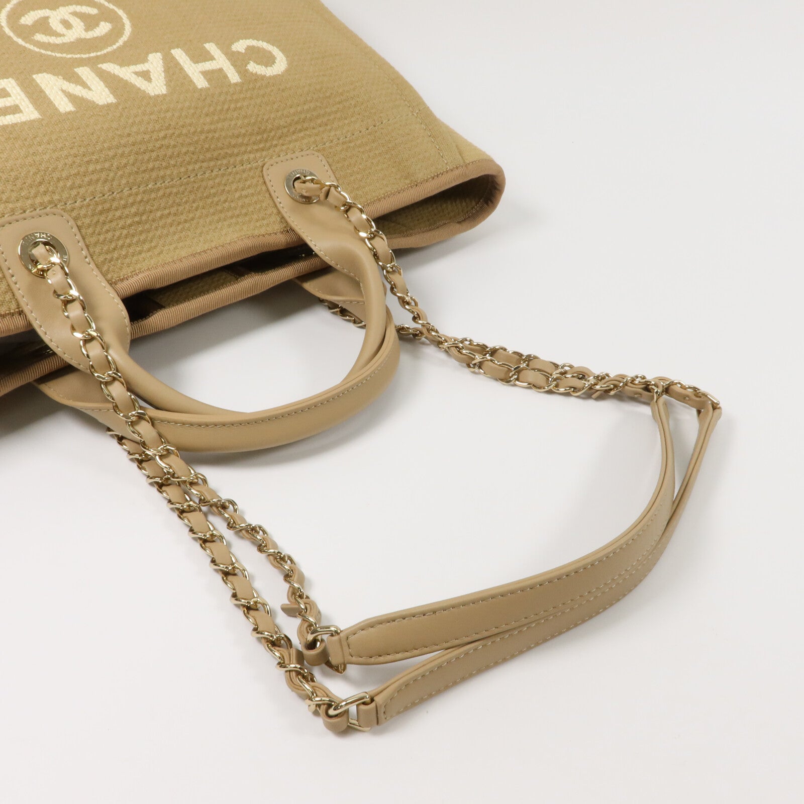 CHANEL 帆布/皮革Deauville Medium鏈帶手挽肩背兩用袋